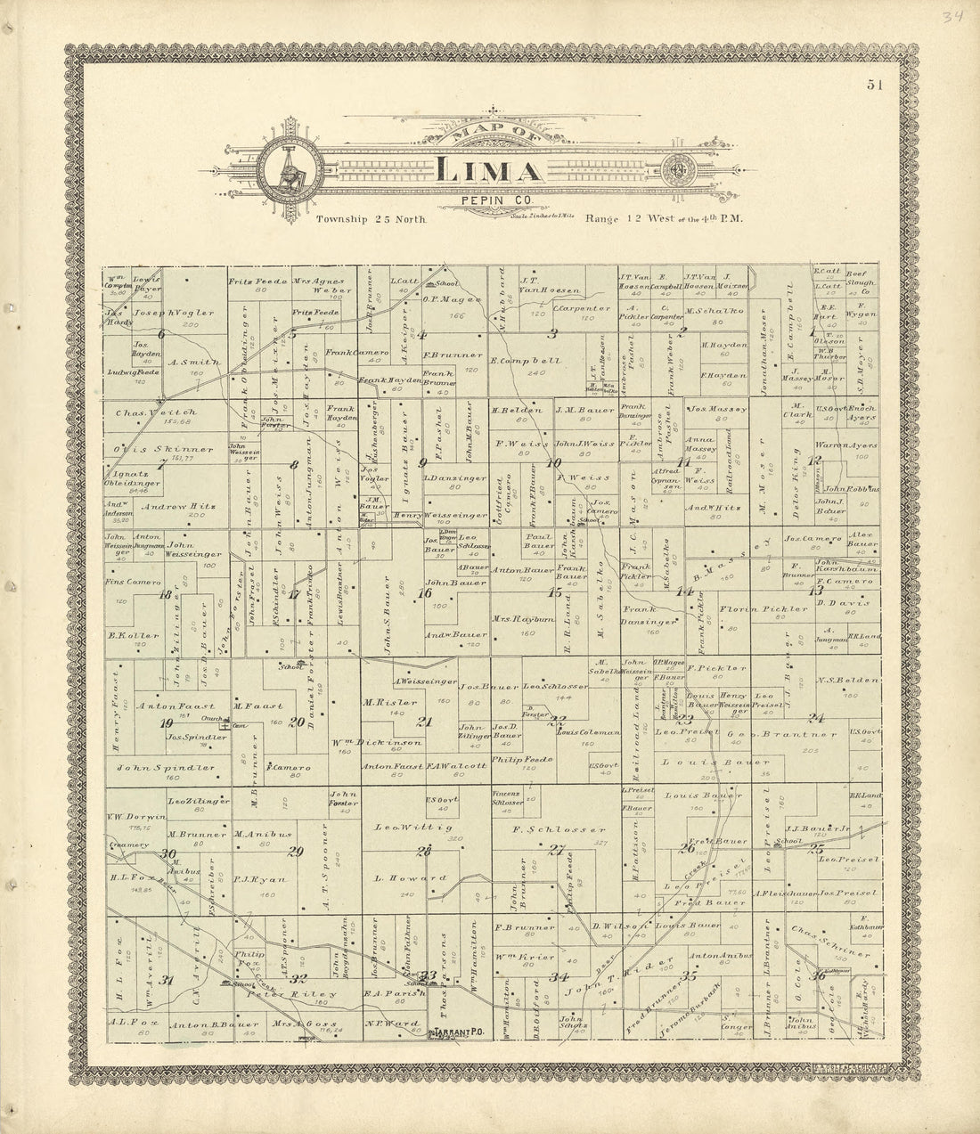Map of Lima from Standard Atlas of Buffalo and Pepin Counties, Wisconsin : Including a Plat Book of the Villages, Cities and Townships of the County, Map of the State, United States and World : Farmers … 1896 by Relic Map Company