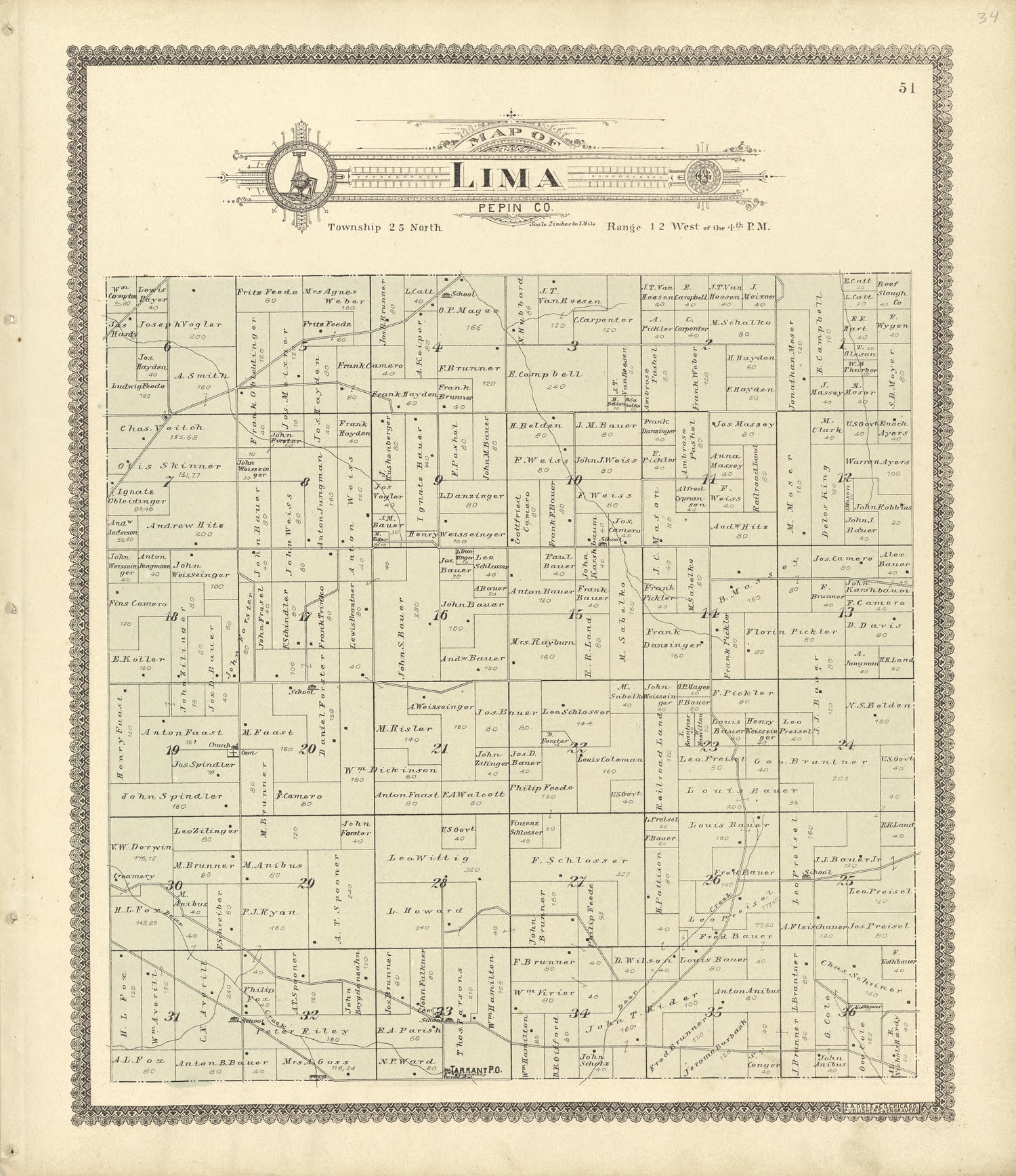 Map of Lima from Standard Atlas of Buffalo and Pepin Counties, Wisconsin : Including a Plat Book of the Villages, Cities and Townships of the County, Map of the State, United States and World : Farmers … 1896 by Relic Map Company