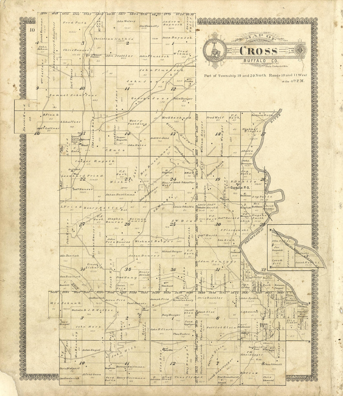 Map of Cross Buffalo County from Standard Atlas of Buffalo and Pepin Counties, Wisconsin : Including a Plat Book of the Villages, Cities and Townships of the County, Map of the State, United States and World : Farmers … 1896 by Relic Map Company