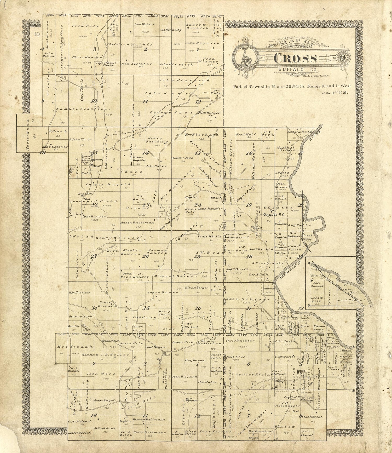 Map of Cross Buffalo County from Standard Atlas of Buffalo and Pepin Counties, Wisconsin : Including a Plat Book of the Villages, Cities and Townships of the County, Map of the State, United States and World : Farmers … 1896 by Relic Map Company