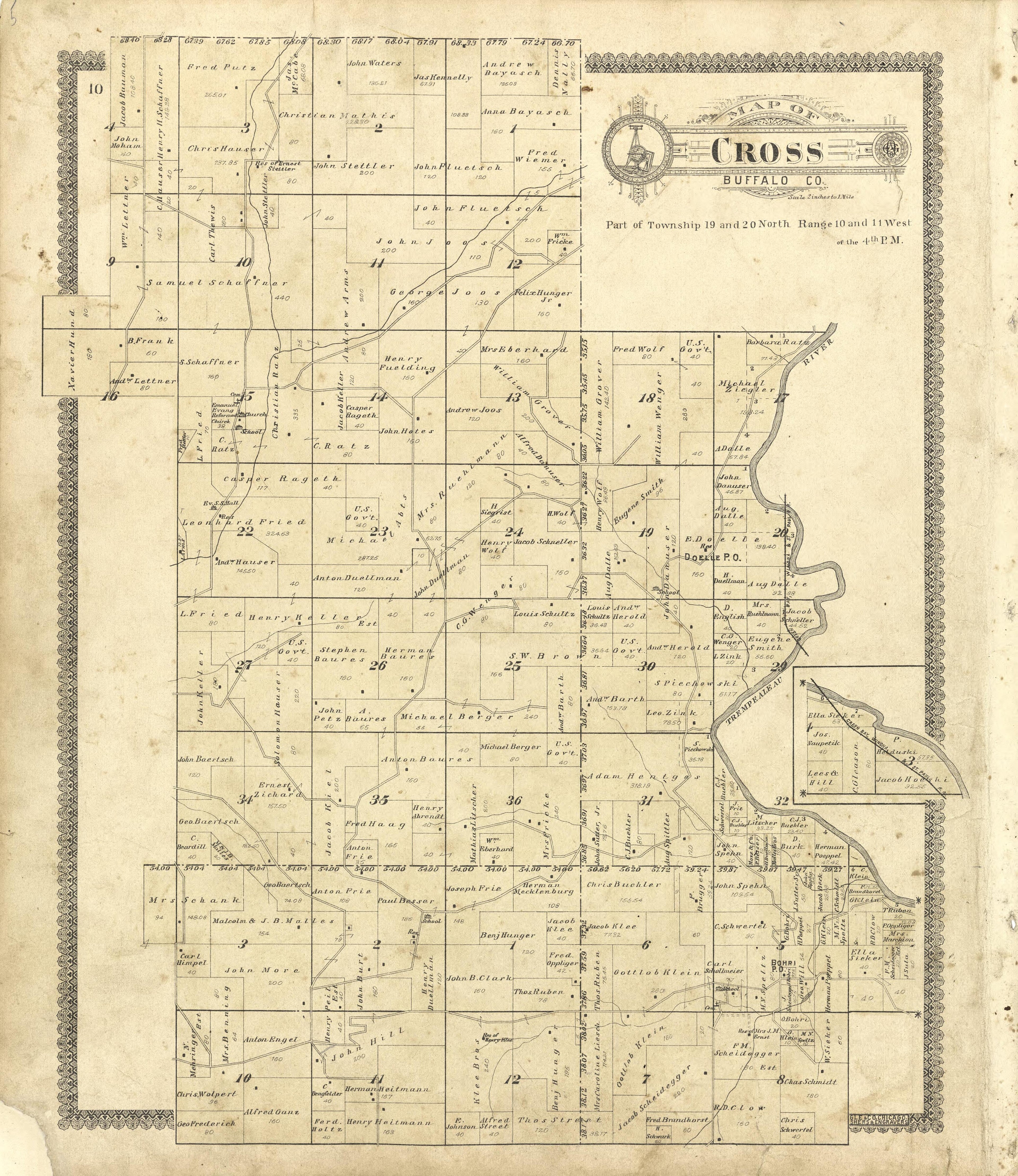 Map of Cross Buffalo County from Standard Atlas of Buffalo and Pepin Counties, Wisconsin : Including a Plat Book of the Villages, Cities and Townships of the County, Map of the State, United States and World : Farmers … 1896 by Relic Map Company
