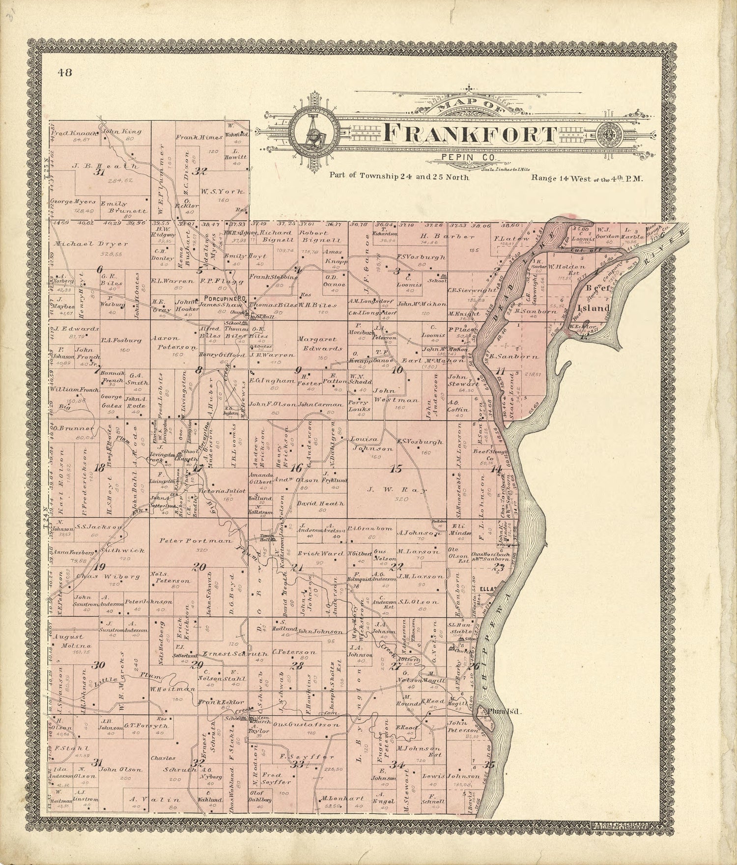 Map of Frankfort Pepin County from Standard Atlas of Buffalo and Pepin Counties, Wisconsin : Including a Plat Book of the Villages, Cities and Townships of the County, Map of the State, United States and World : Farmers … 1896 by Relic Map Company