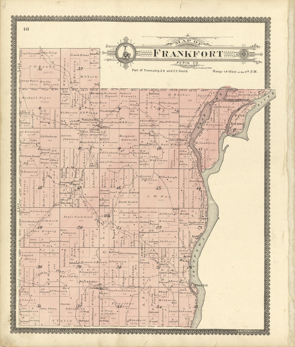 Map of Frankfort Pepin County from Standard Atlas of Buffalo and Pepin Counties, Wisconsin : Including a Plat Book of the Villages, Cities and Townships of the County, Map of the State, United States and World : Farmers … 1896 by Relic Map Company