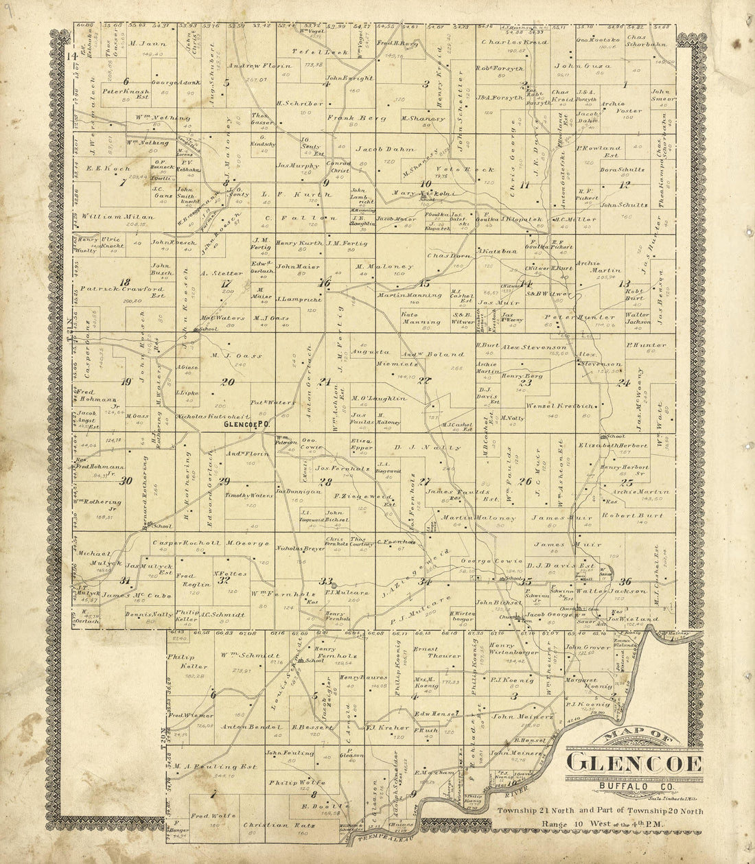 Map of Glencoe Buffalo County from Standard Atlas of Buffalo and Pepin Counties, Wisconsin : Including a Plat Book of the Villages, Cities and Townships of the County, Map of the State, United States and World : Farmers … 1896 by Relic Map Company