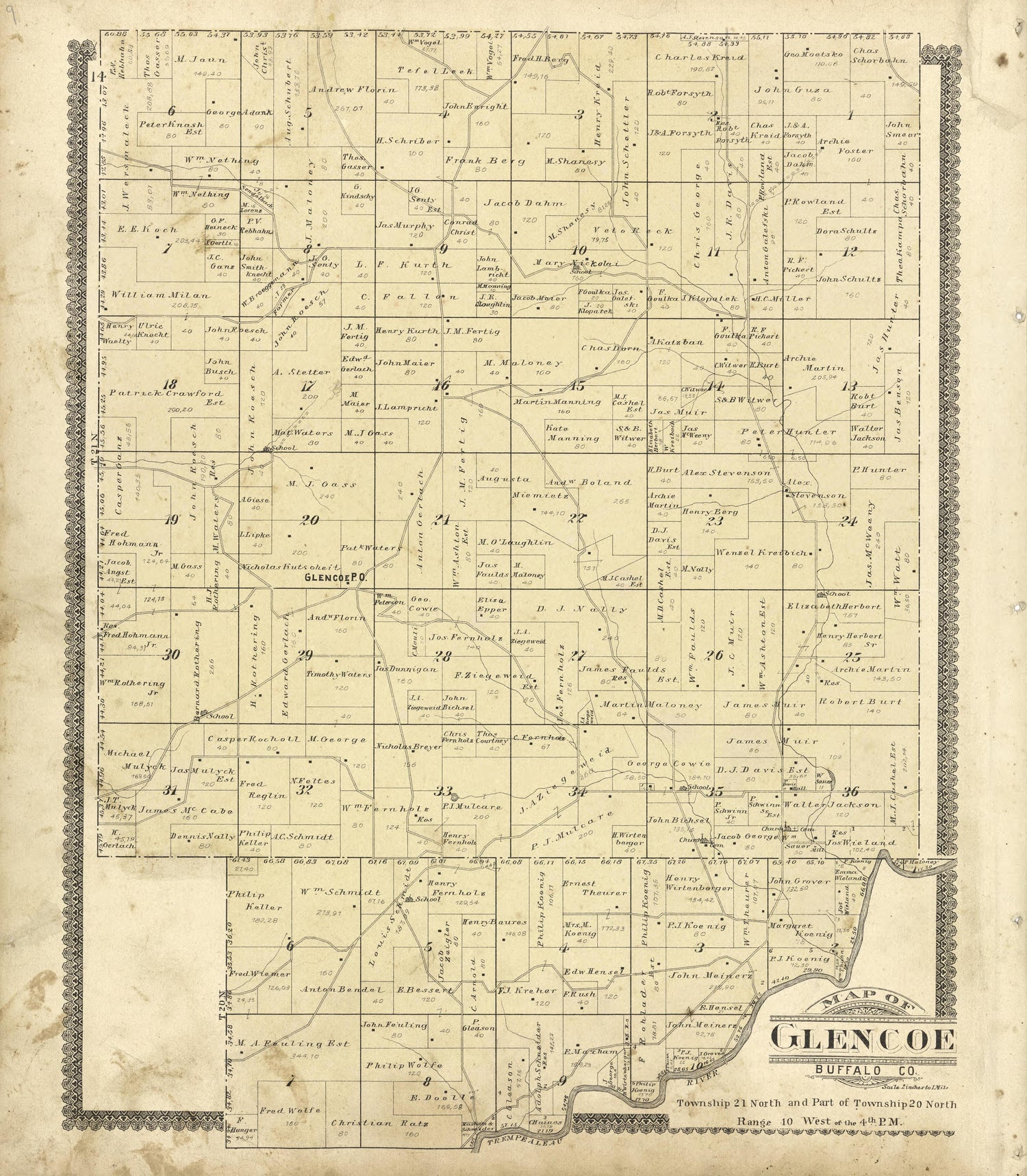 Map of Glencoe Buffalo County from Standard Atlas of Buffalo and Pepin Counties, Wisconsin : Including a Plat Book of the Villages, Cities and Townships of the County, Map of the State, United States and World : Farmers … 1896 by Relic Map Company