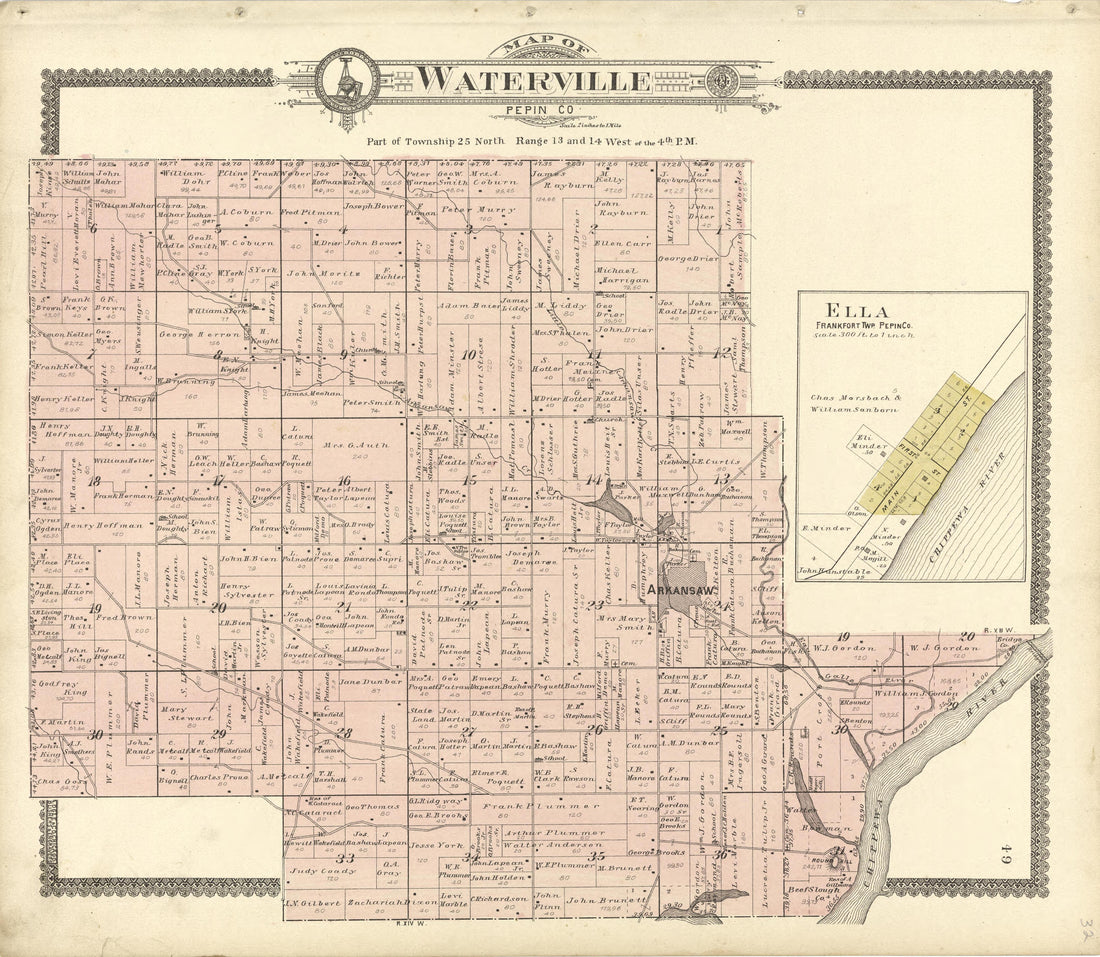 Map of Waterville Pepin County from Standard Atlas of Buffalo and Pepin Counties, Wisconsin : Including a Plat Book of the Villages, Cities and Townships of the County, Map of the State, United States and World : Farmers … 1896 by Relic Map Company