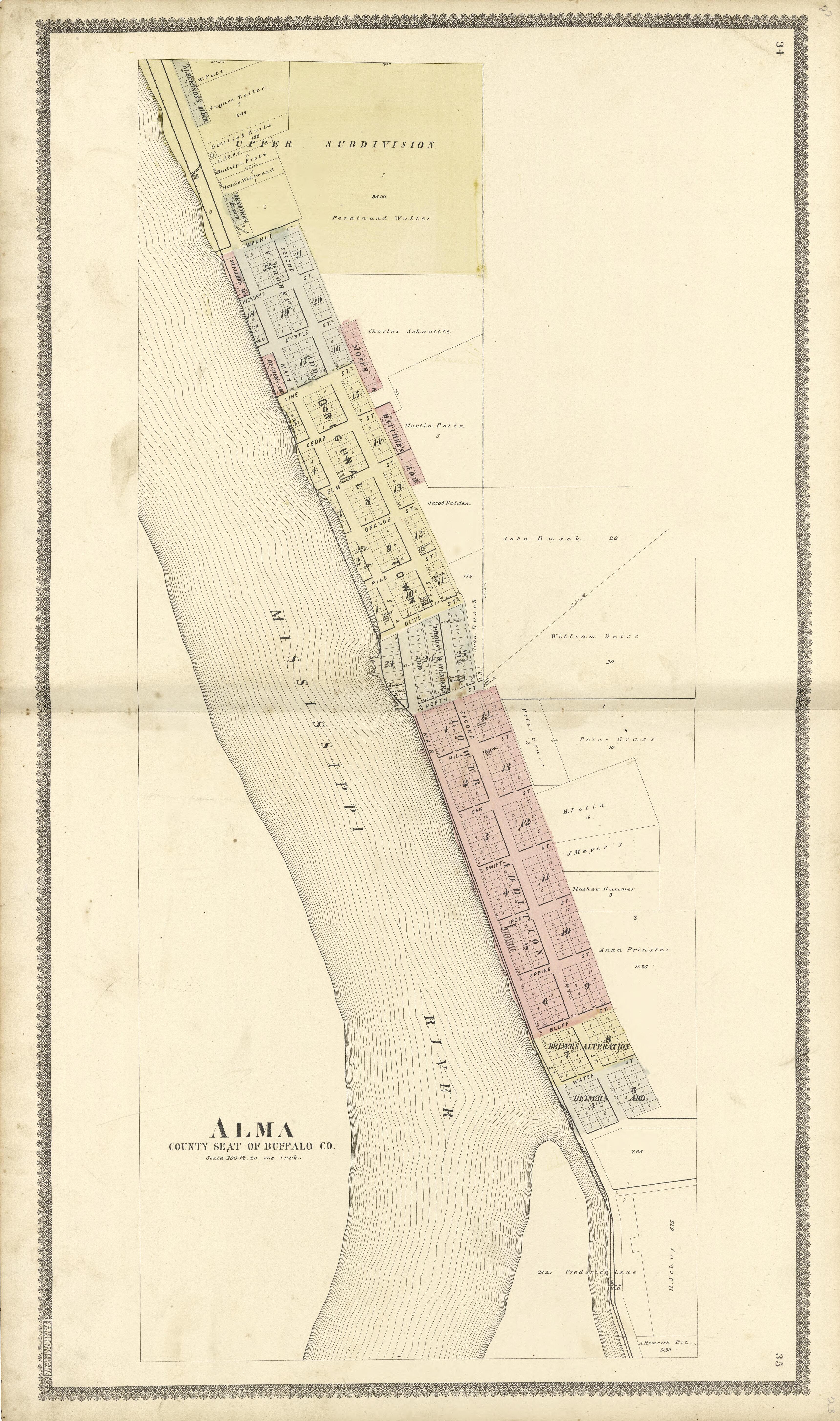 Alma County Seat of Buffalo County from Standard Atlas of Buffalo and Pepin Counties, Wisconsin : Including a Plat Book of the Villages, Cities and Townships of the County, Map of the State, United States and World : Farmers … 1896 by Relic Map Company