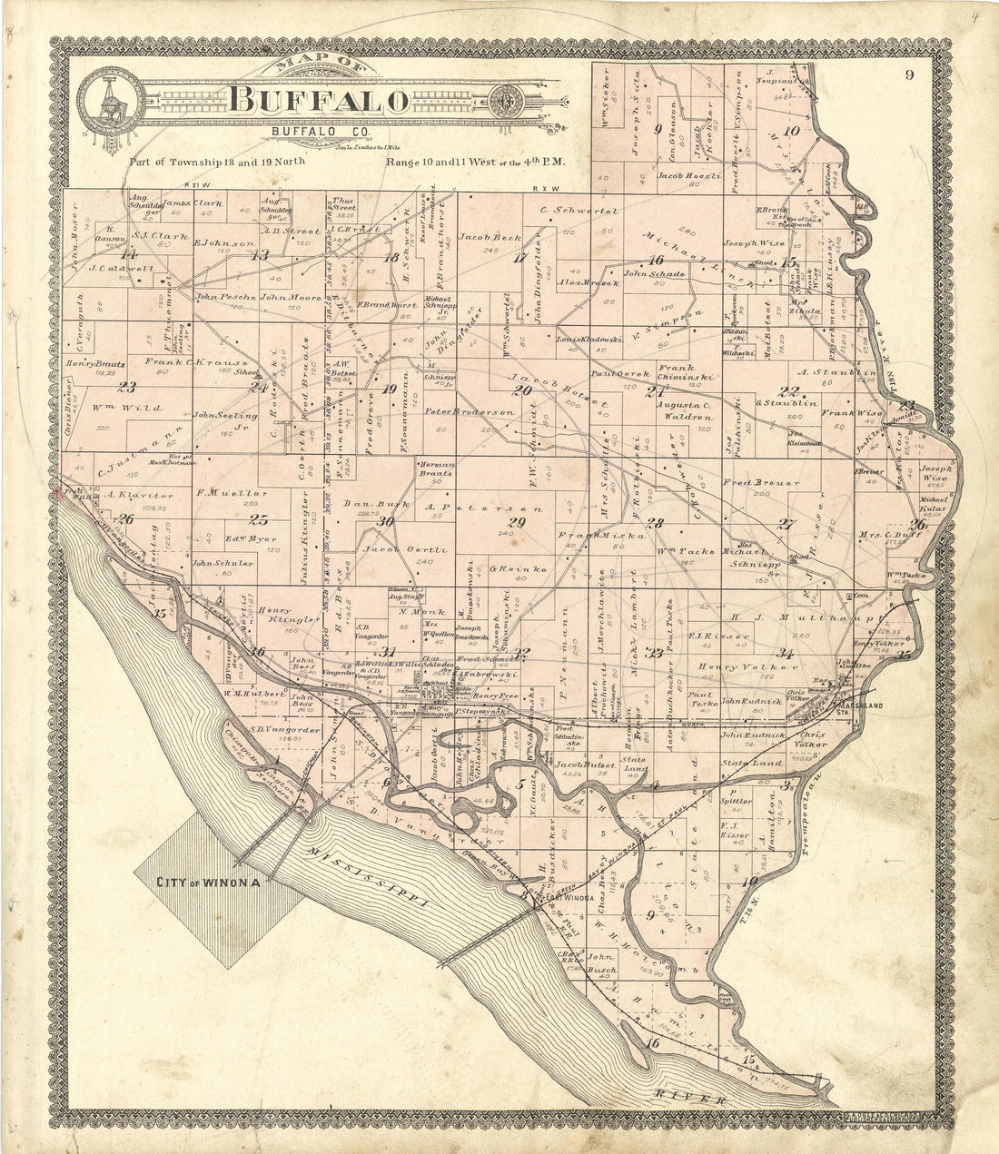 Map of Buffalo from Standard Atlas of Buffalo and Pepin Counties, Wisconsin : Including a Plat Book of the Villages, Cities and Townships of the County, Map of the State, United States and World : Farmers … 1896 by Relic Map Company