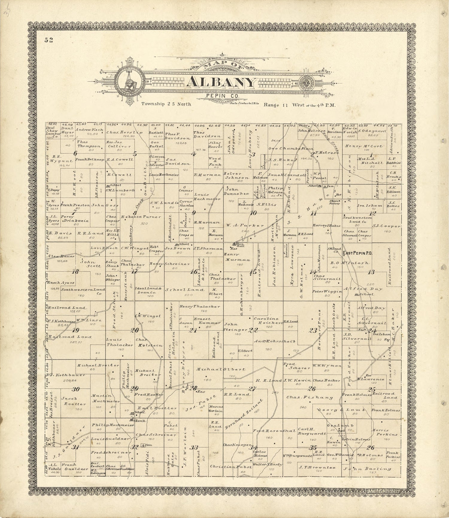 Map of Albany Pepin County from Standard Atlas of Buffalo and Pepin Counties, Wisconsin : Including a Plat Book of the Villages, Cities and Townships of the County, Map of the State, United States and World : Farmers … 1896 by Relic Map Company