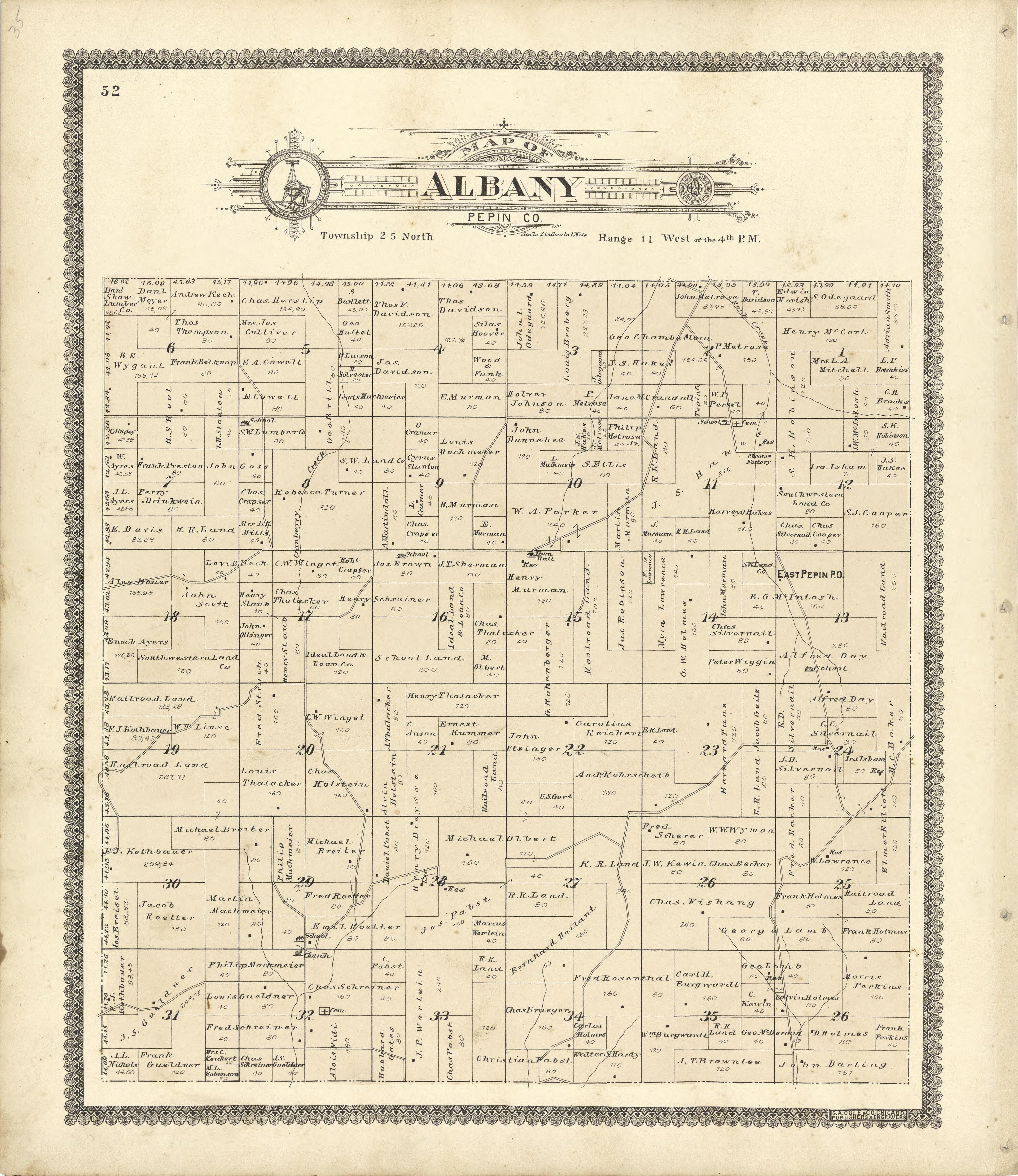 Map of Albany Pepin County from Standard Atlas of Buffalo and Pepin Counties, Wisconsin : Including a Plat Book of the Villages, Cities and Townships of the County, Map of the State, United States and World : Farmers … 1896 by Relic Map Company