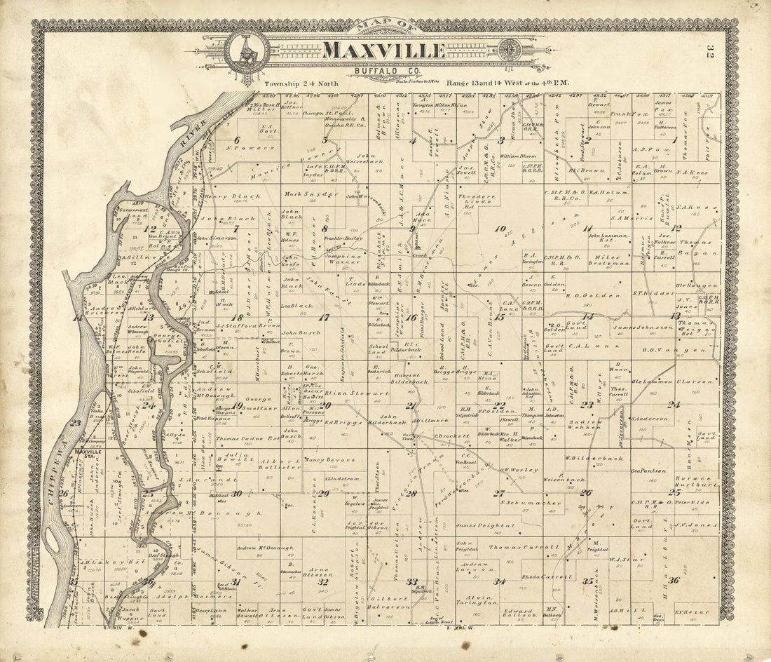 Map of Maxville Buffalo County from Standard Atlas of Buffalo and Pepin Counties, Wisconsin : Including a Plat Book of the Villages, Cities and Townships of the County, Map of the State, United States and World : Farmers … 1896 by Relic Map Company