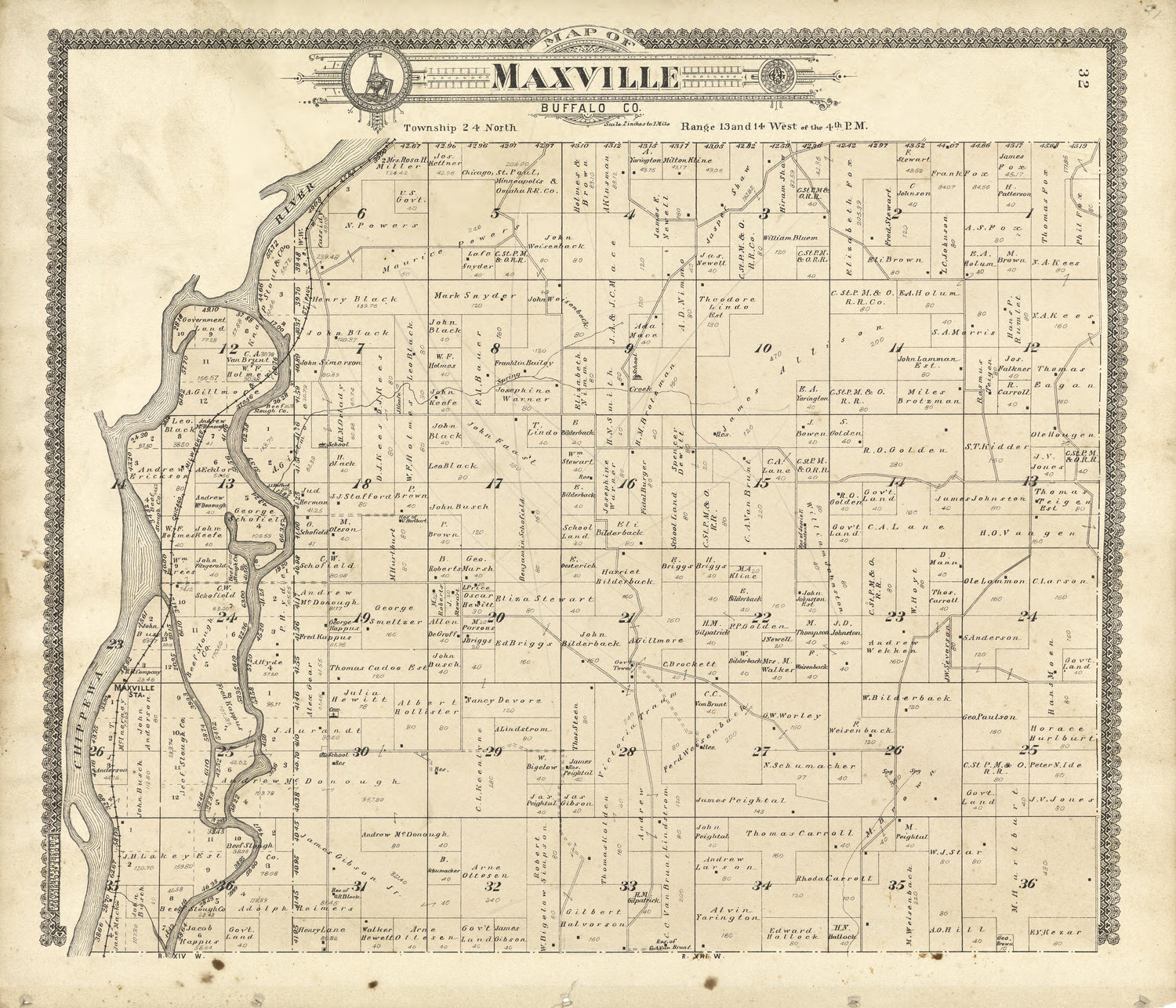 Map of Maxville Buffalo County from Standard Atlas of Buffalo and Pepin Counties, Wisconsin : Including a Plat Book of the Villages, Cities and Townships of the County, Map of the State, United States and World : Farmers … 1896 by Relic Map Company