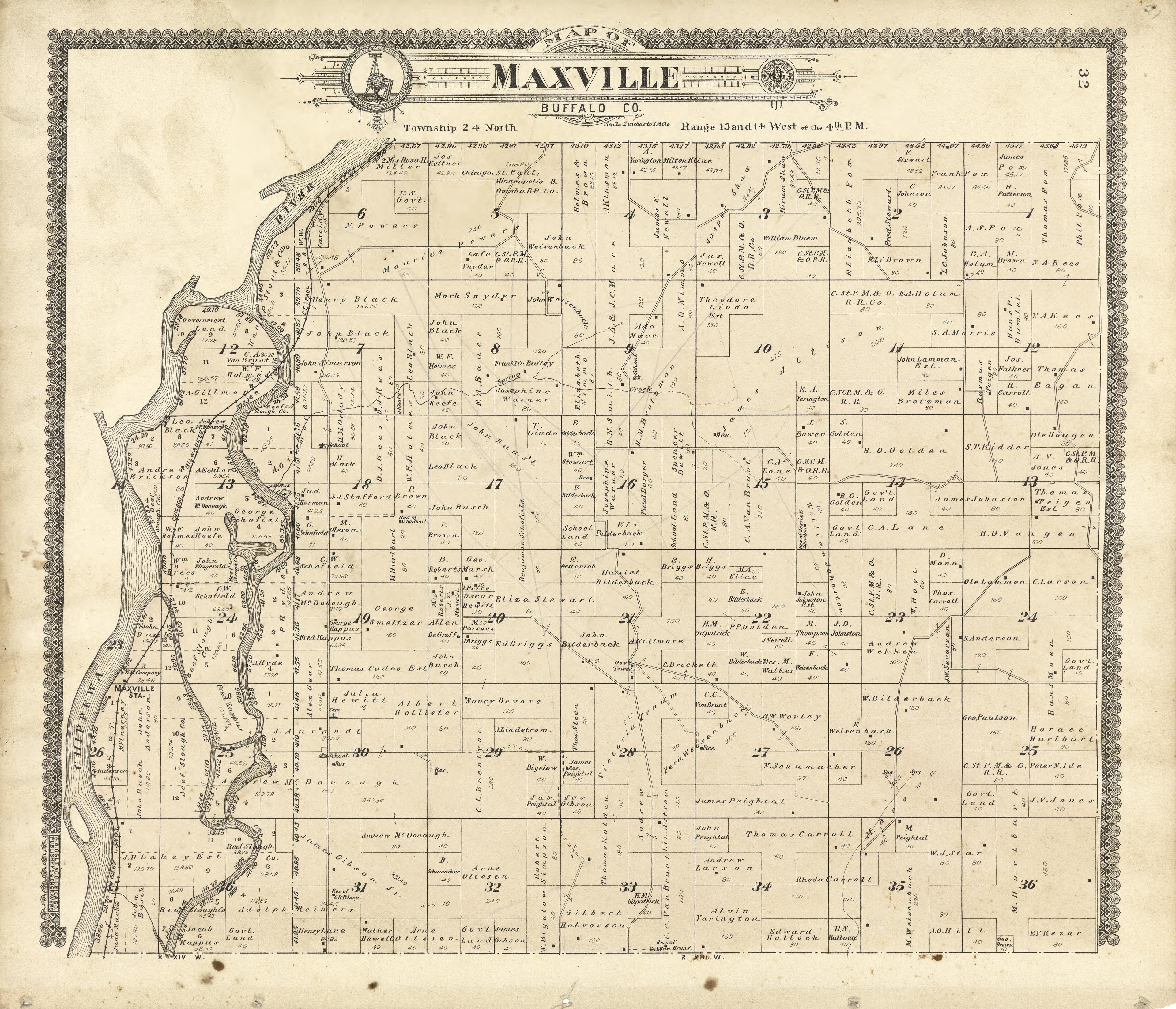 Map of Maxville Buffalo County from Standard Atlas of Buffalo and Pepin Counties, Wisconsin : Including a Plat Book of the Villages, Cities and Townships of the County, Map of the State, United States and World : Farmers … 1896 by Relic Map Company