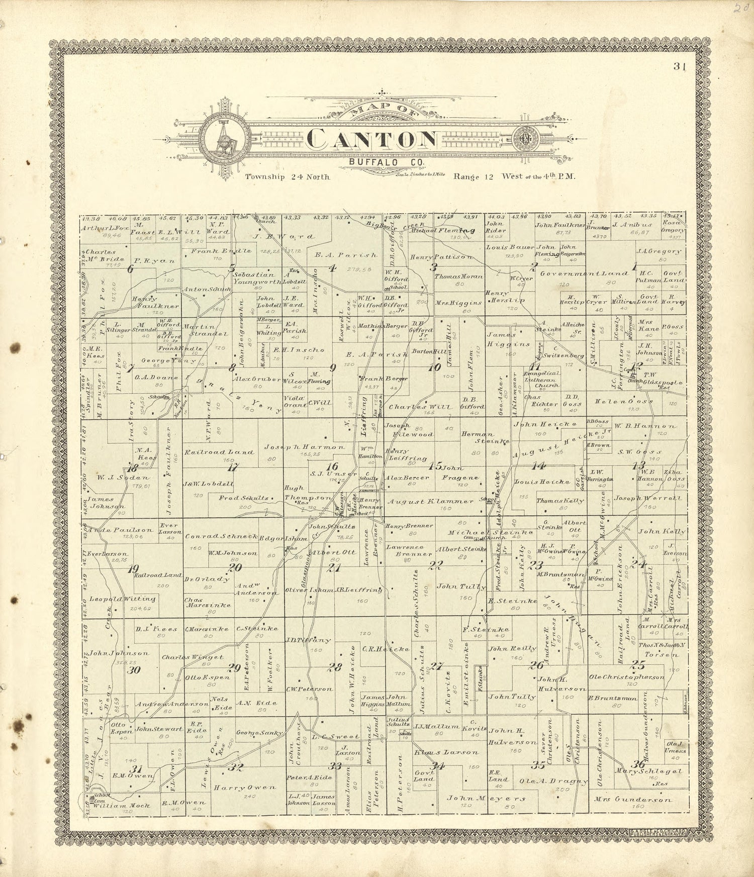 Map of Canton Buffalo County from Standard Atlas of Buffalo and Pepin Counties, Wisconsin : Including a Plat Book of the Villages, Cities and Townships of the County, Map of the State, United States and World : Farmers … 1896 by Relic Map Company