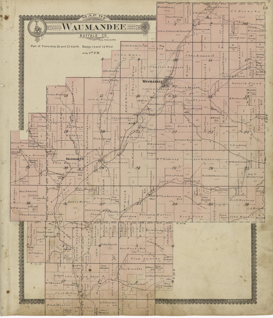Map of Waumandee Buffalo County from Standard Atlas of Buffalo and Pepin Counties, Wisconsin : Including a Plat Book of the Villages, Cities and Townships of the County, Map of the State, United States and World : Farmers … 1896 by Relic Map Company