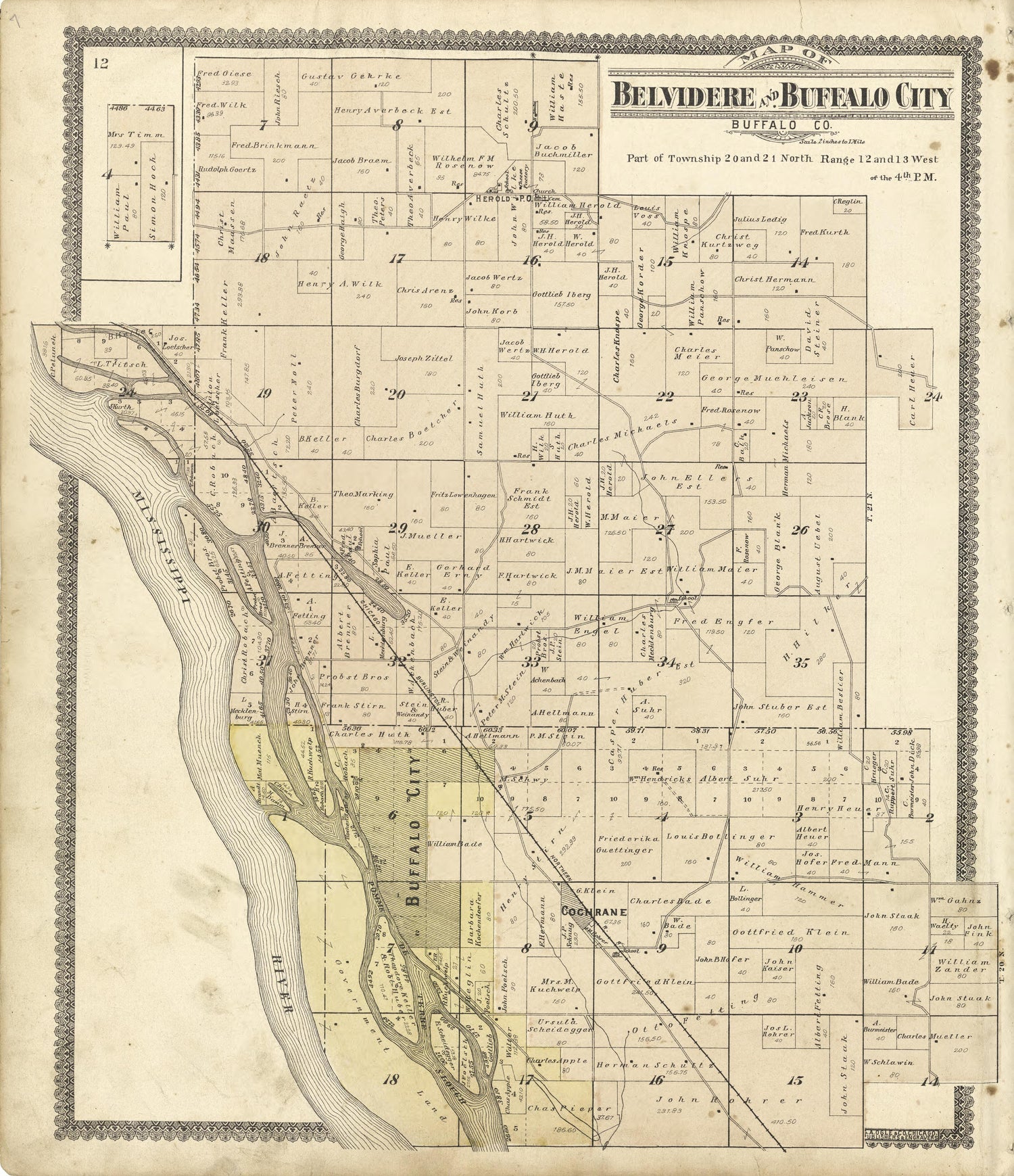 Map of Belvidere and Buffalo City from Standard Atlas of Buffalo and Pepin Counties, Wisconsin : Including a Plat Book of the Villages, Cities and Townships of the County, Map of the State, United States and World : Farmers … 1896 by Relic Map Company