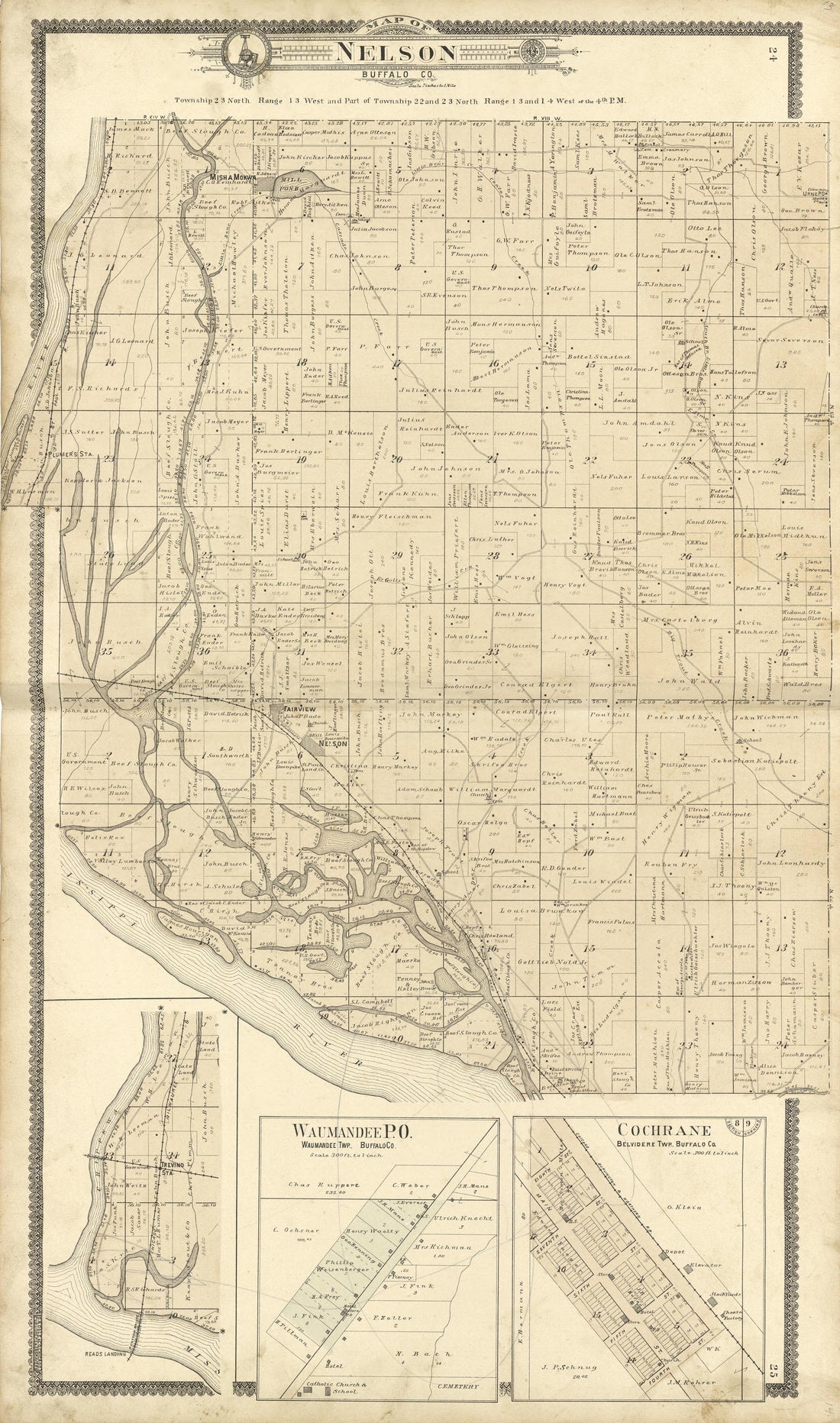 Map of Nelson Buffalo County from Standard Atlas of Buffalo and Pepin Counties, Wisconsin : Including a Plat Book of the Villages, Cities and Townships of the County, Map of the State, United States and World : Farmers … 1896 by Relic Map Company