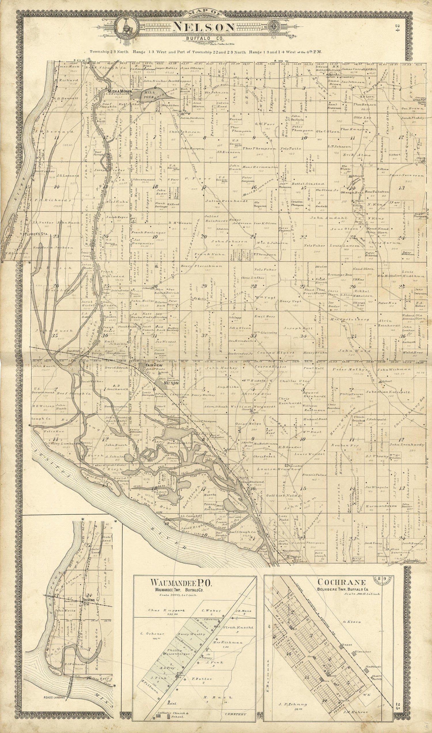 Map of Nelson Buffalo County from Standard Atlas of Buffalo and Pepin Counties, Wisconsin : Including a Plat Book of the Villages, Cities and Townships of the County, Map of the State, United States and World : Farmers … 1896 by Relic Map Company
