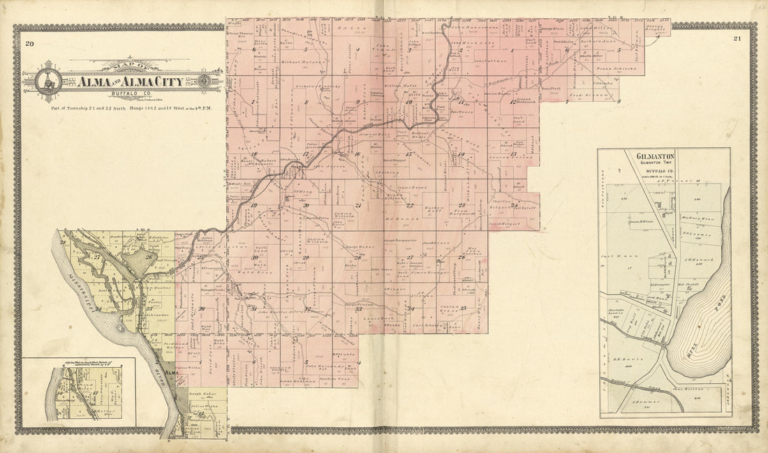 Alma and Alma City Buffalo County from Standard Atlas of Buffalo and Pepin Counties, Wisconsin : Including a Plat Book of the Villages, Cities and Townships of the County, Map of the State, United States and World : Farmers … 1896 by Relic Map Company