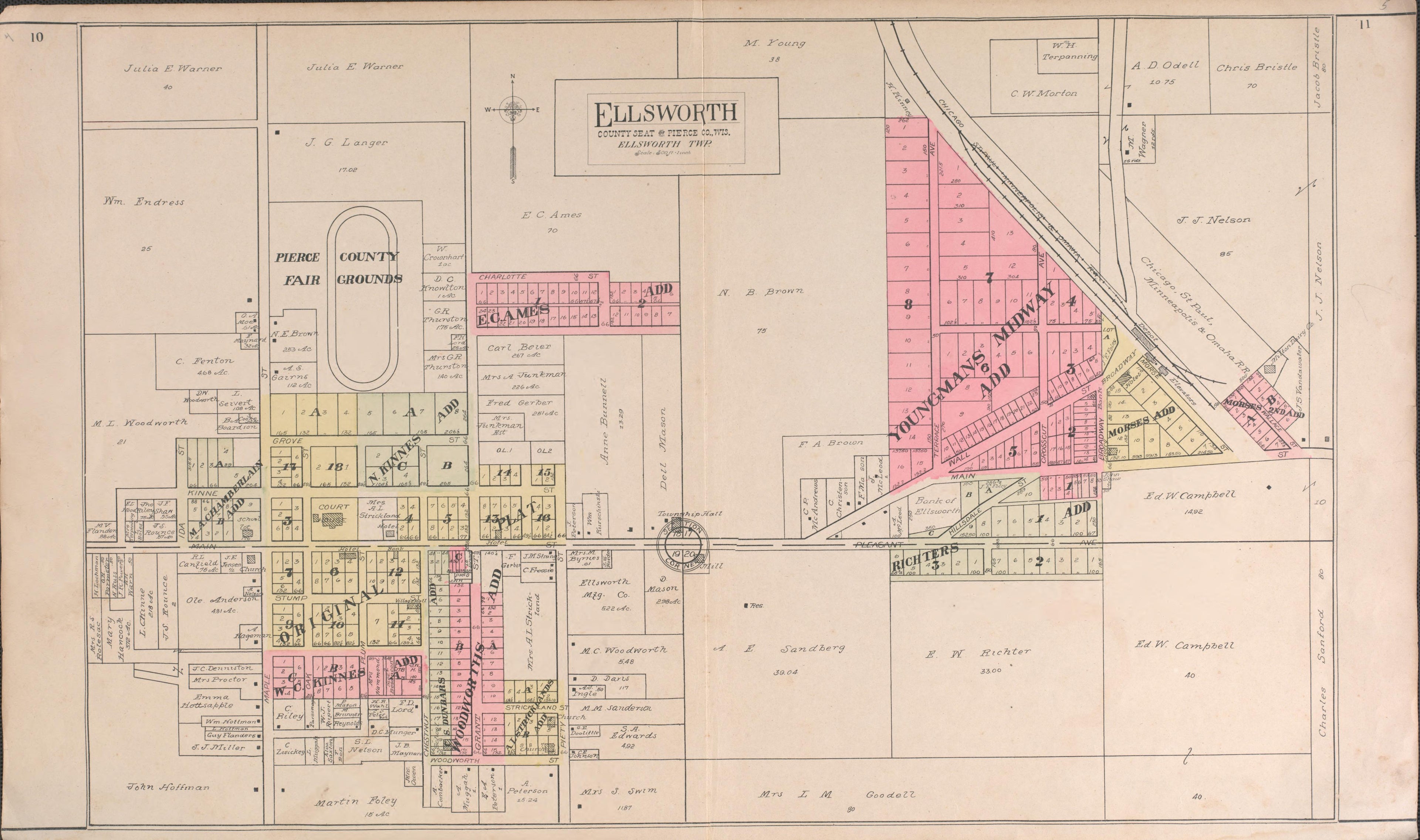 Ellsworth from Standard Atlas of Pierce County, Wisconsin : Including a Plat Book of the Villages, Cities and Townships of the County, Map of the State, United States and World : Patrons Directory, Reference … 1908 by Relic Map Company