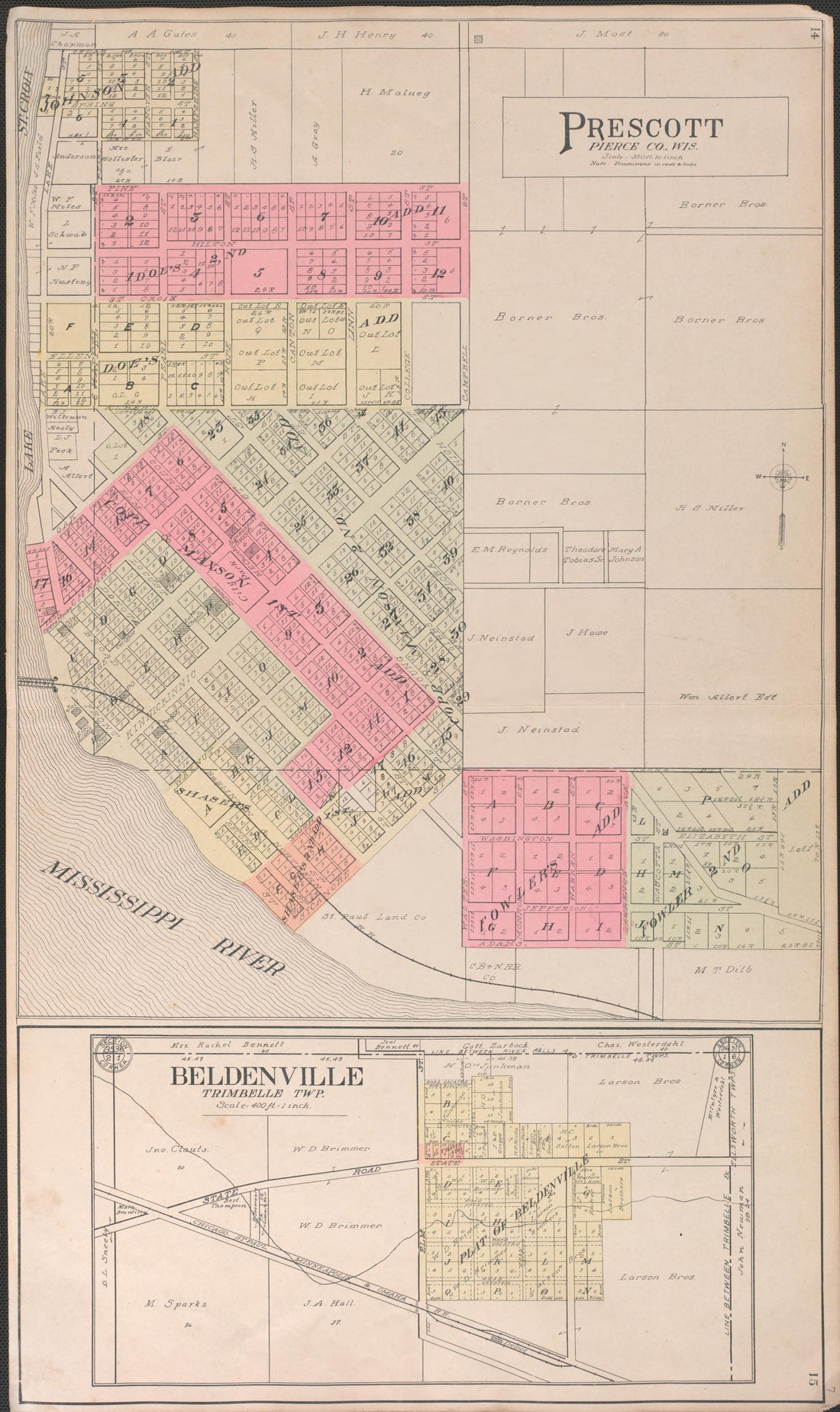 Prescott from Standard Atlas of Pierce County, Wisconsin : Including a Plat Book of the Villages, Cities and Townships of the County, Map of the State, United States and World : Patrons Directory, Reference … 1908 by Relic Map Company