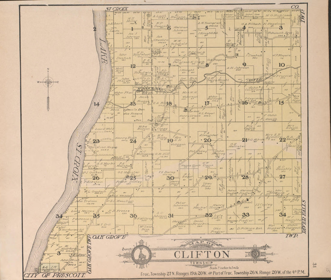 Clifton from Standard Atlas of Pierce County, Wisconsin : Including a Plat Book of the Villages, Cities and Townships of the County, Map of the State, United States and World : Patrons Directory, Reference … 1908 by Relic Map Company