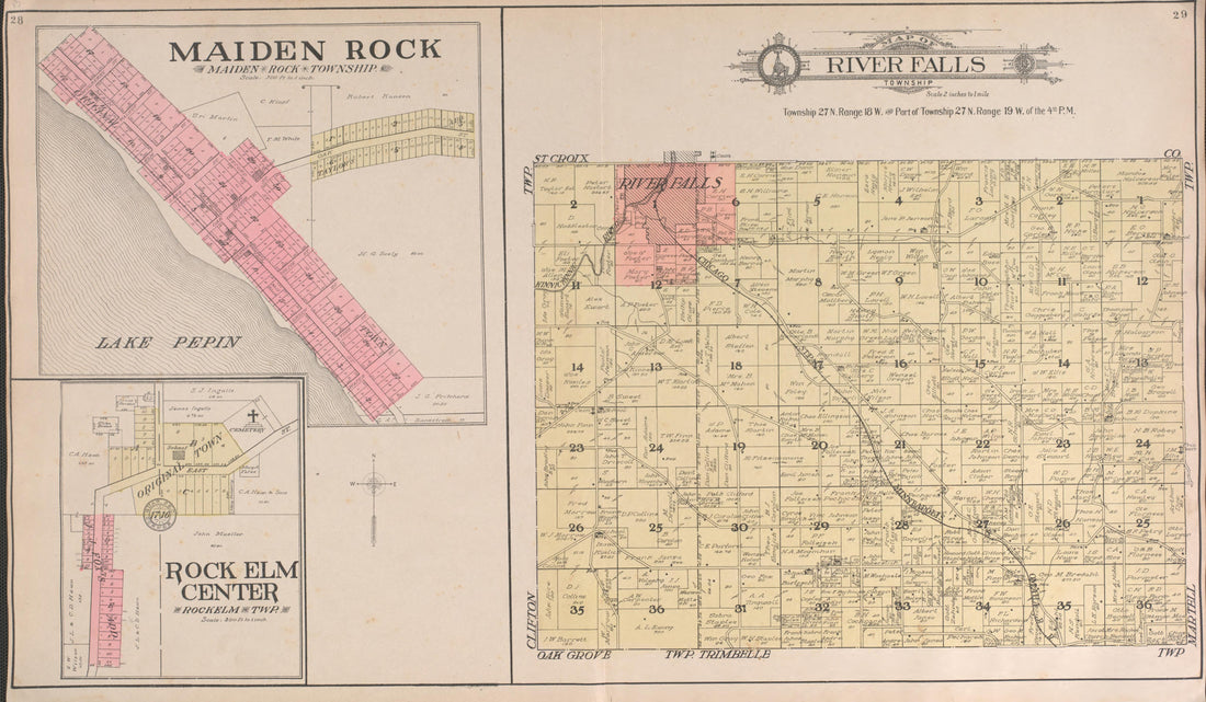 River Falls, Maiden Rocks from Standard Atlas of Pierce County, Wisconsin : Including a Plat Book of the Villages, Cities and Townships of the County, Map of the State, United States and World : Patrons Directory, Reference … 1908 by Relic Map Company