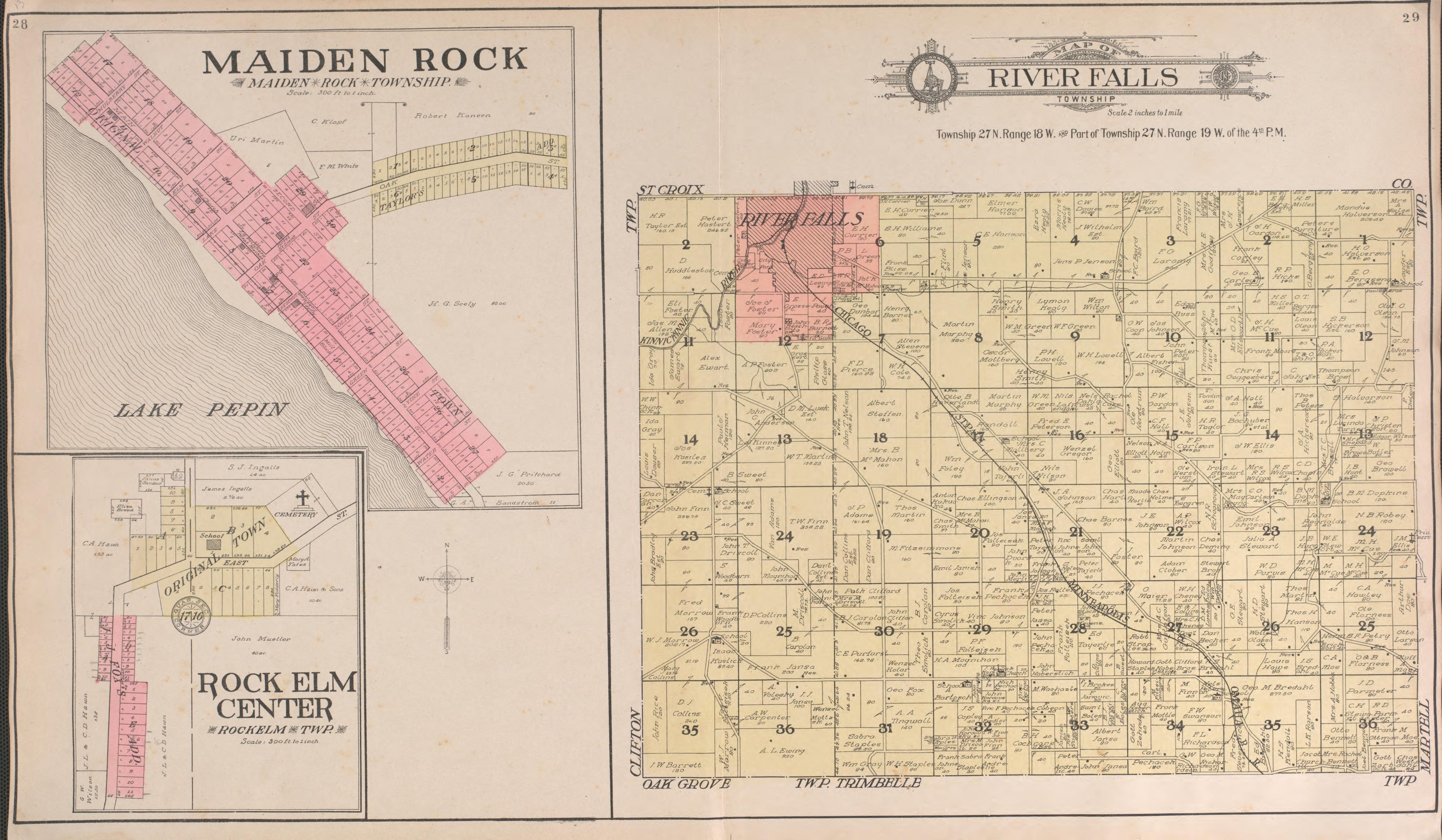 River Falls, Maiden Rocks from Standard Atlas of Pierce County, Wisconsin : Including a Plat Book of the Villages, Cities and Townships of the County, Map of the State, United States and World : Patrons Directory, Reference … 1908 by Relic Map Company