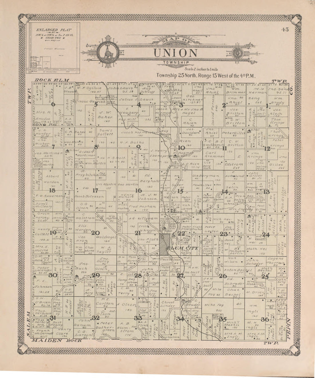 Union from Standard Atlas of Pierce County, Wisconsin : Including a Plat Book of the Villages, Cities and Townships of the County, Map of the State, United States and World : Patrons Directory, Reference … 1908 by Relic Map Company
