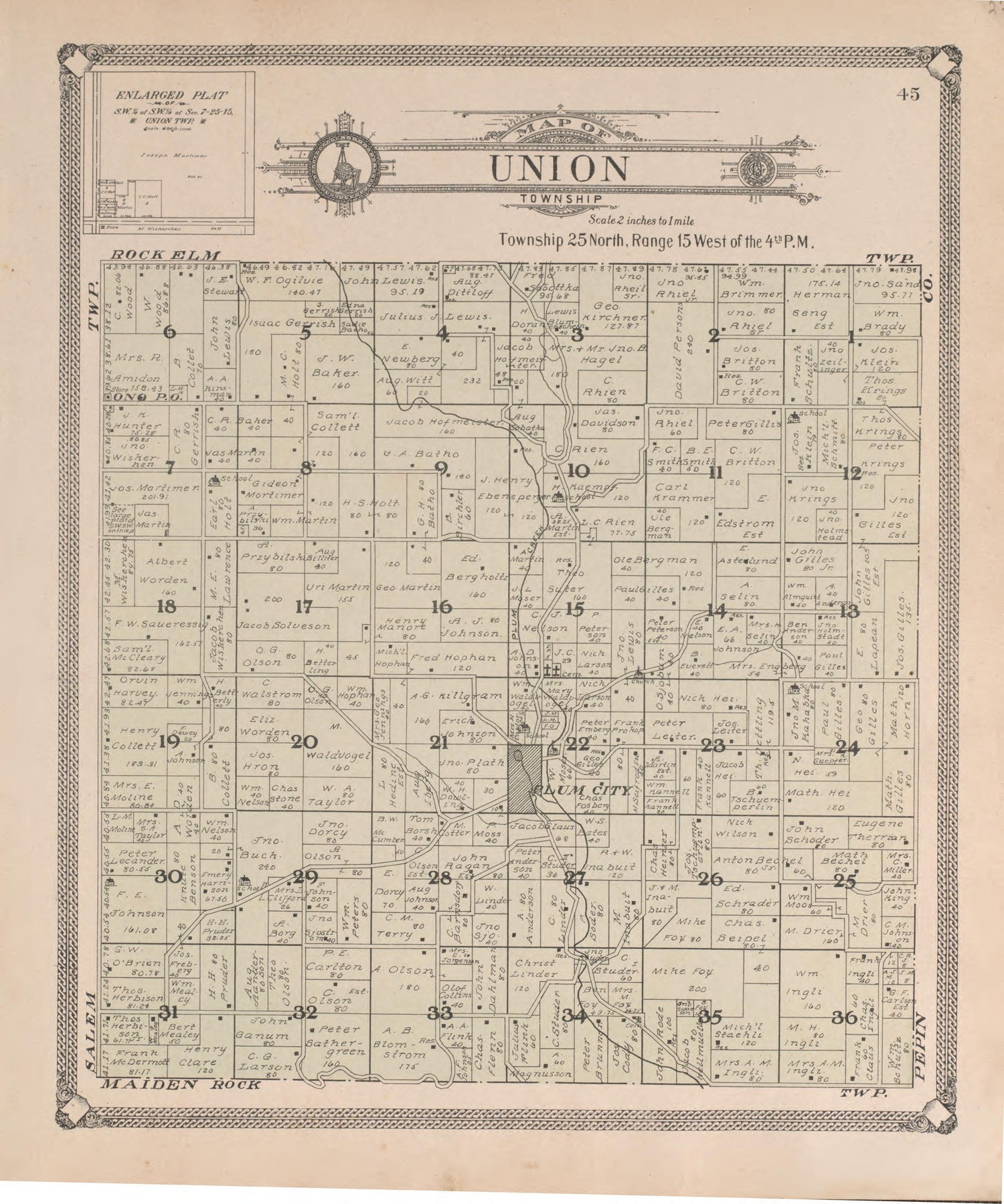 Union from Standard Atlas of Pierce County, Wisconsin : Including a Plat Book of the Villages, Cities and Townships of the County, Map of the State, United States and World : Patrons Directory, Reference … 1908 by Relic Map Company