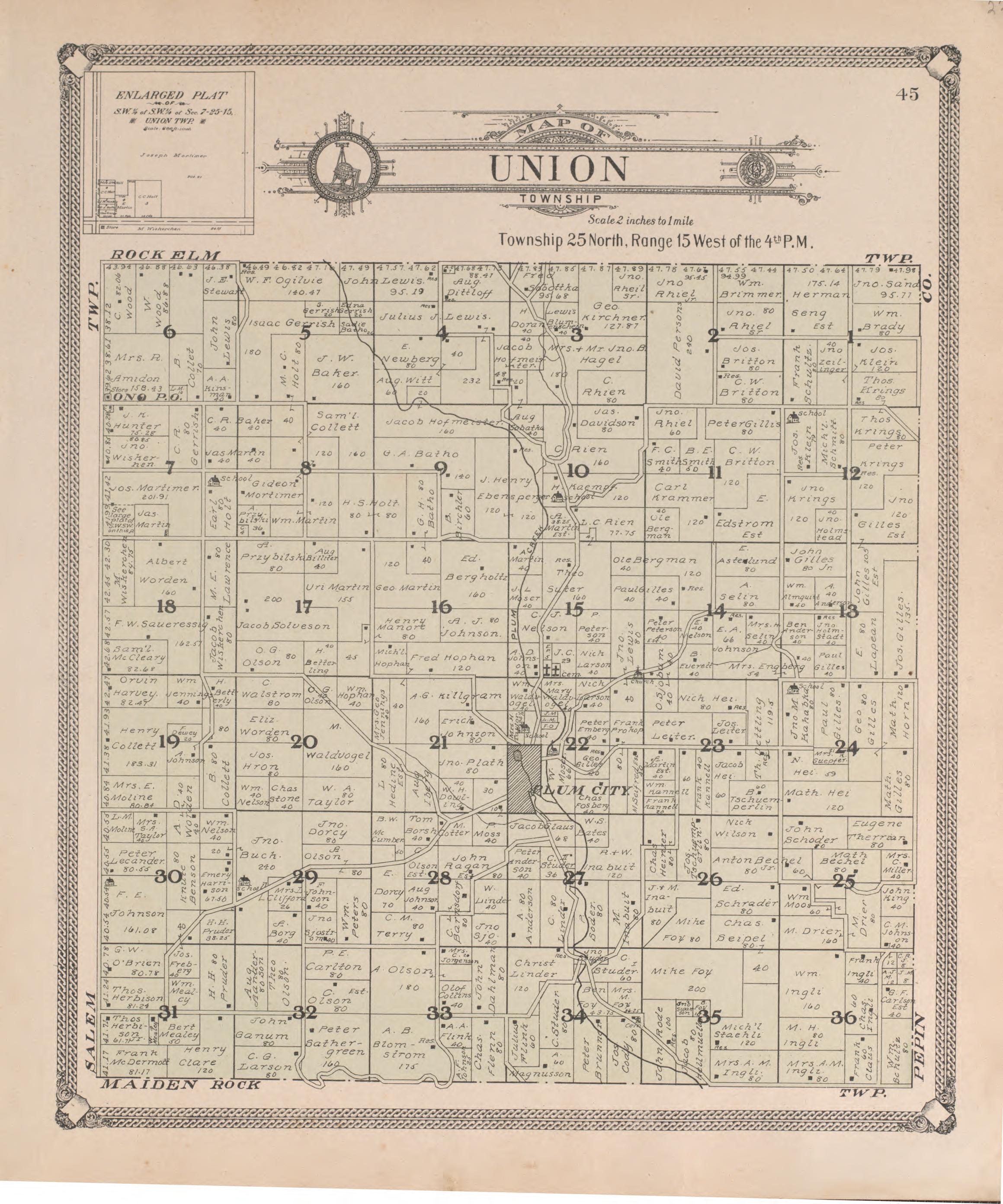 Union from Standard Atlas of Pierce County, Wisconsin : Including a Plat Book of the Villages, Cities and Townships of the County, Map of the State, United States and World : Patrons Directory, Reference … 1908 by Relic Map Company