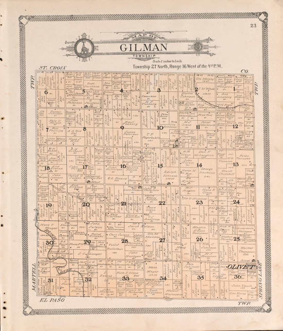 Gilman from Standard Atlas of Pierce County, Wisconsin : Including a Plat Book of the Villages, Cities and Townships of the County, Map of the State, United States and World : Patrons Directory, Reference … 1908 by Relic Map Company