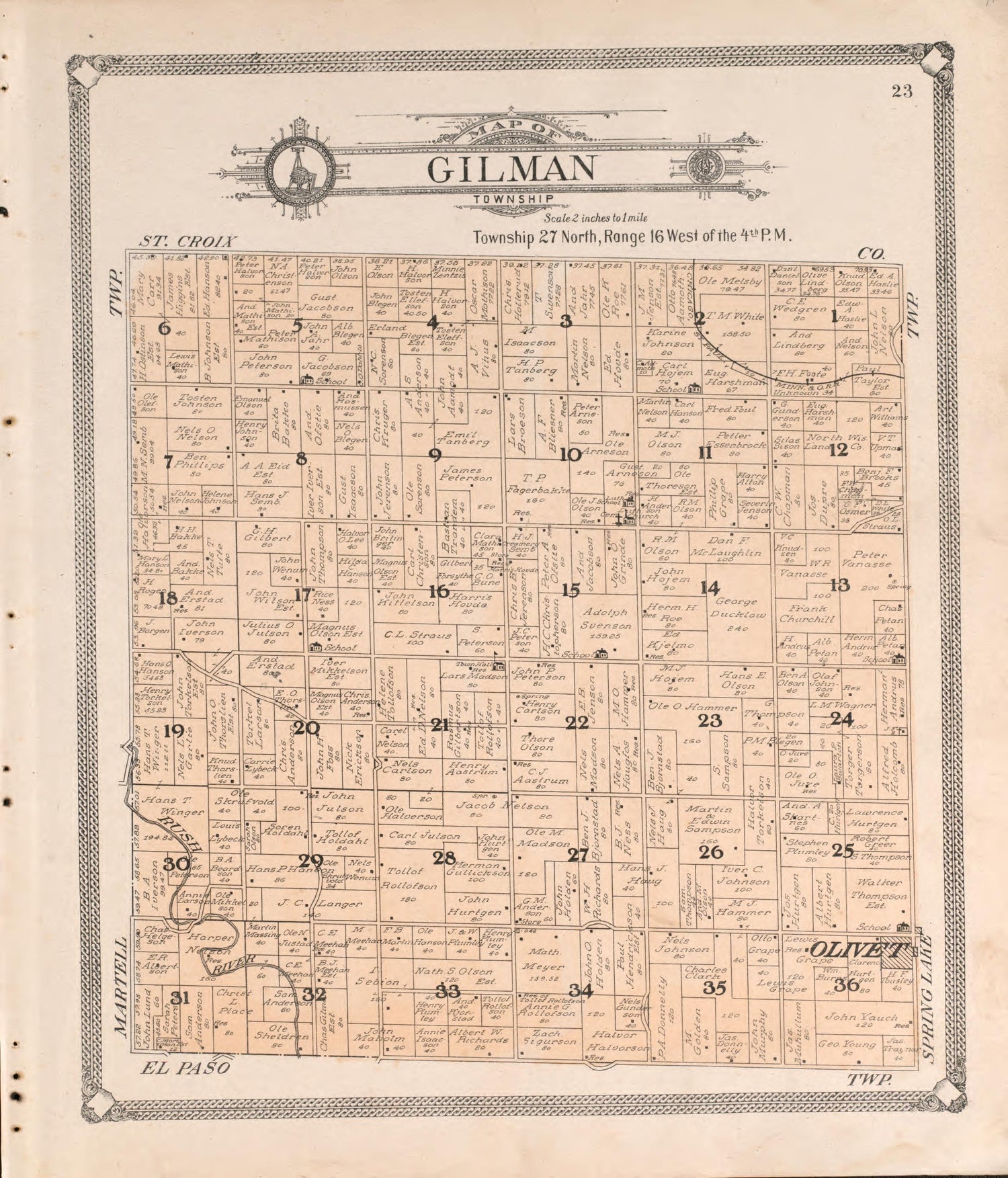 Gilman from Standard Atlas of Pierce County, Wisconsin : Including a Plat Book of the Villages, Cities and Townships of the County, Map of the State, United States and World : Patrons Directory, Reference … 1908 by Relic Map Company