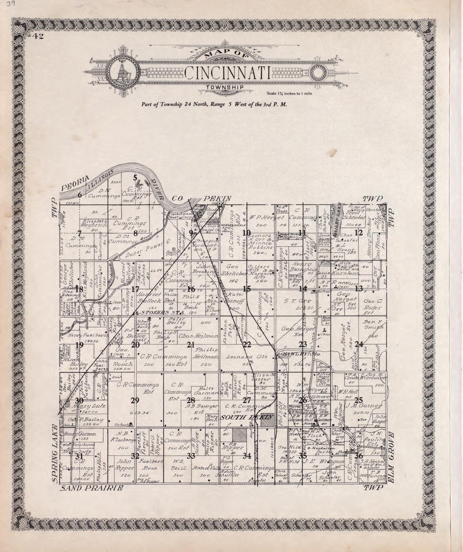 Cincinnati from Standard Atlas of Tazewell County, Illinois : Including a Plat Book of the Villages, Cities and Townships of the County, Map of the State, United States and World : Patrons Directory, Reference … 1929 by Relic Map Company