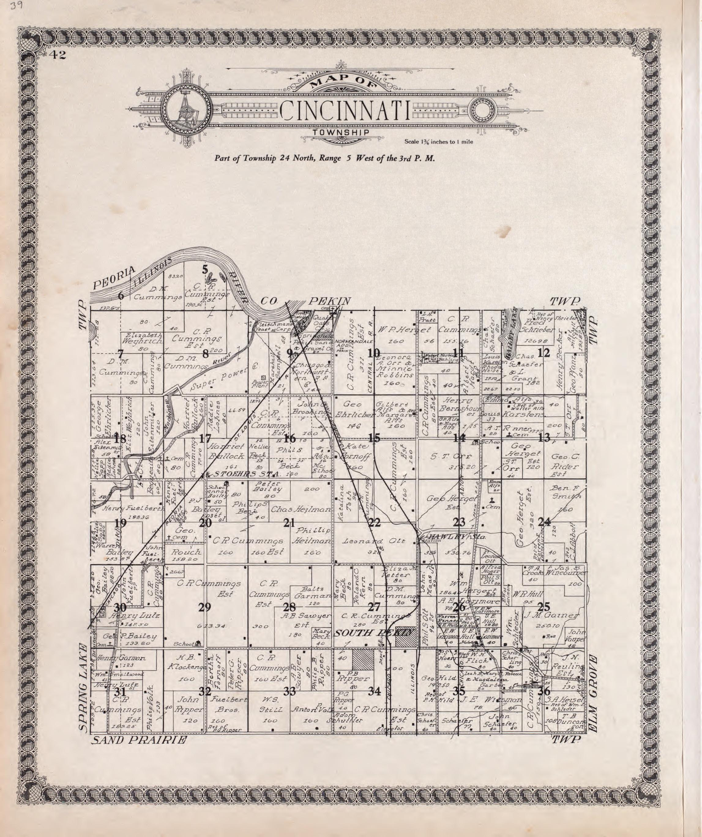 Cincinnati from Standard Atlas of Tazewell County, Illinois : Including a Plat Book of the Villages, Cities and Townships of the County, Map of the State, United States and World : Patrons Directory, Reference … 1929 by Relic Map Company