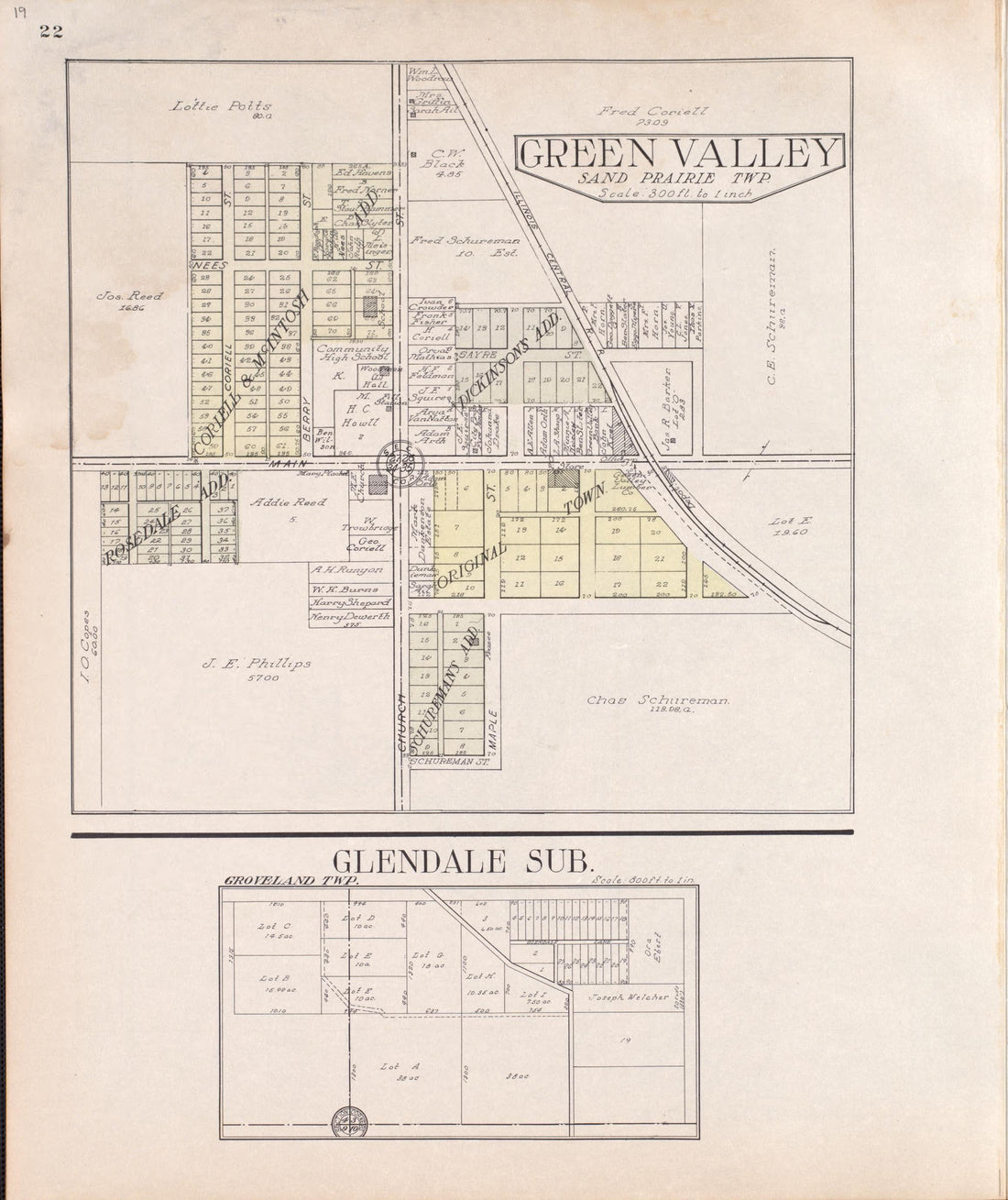Green Valley, Glendale Sub. from Standard Atlas of Tazewell County, Illinois : Including a Plat Book of the Villages, Cities and Townships of the County, Map of the State, United States and World : Patrons Directory, Reference … 1929 by Relic Map Company