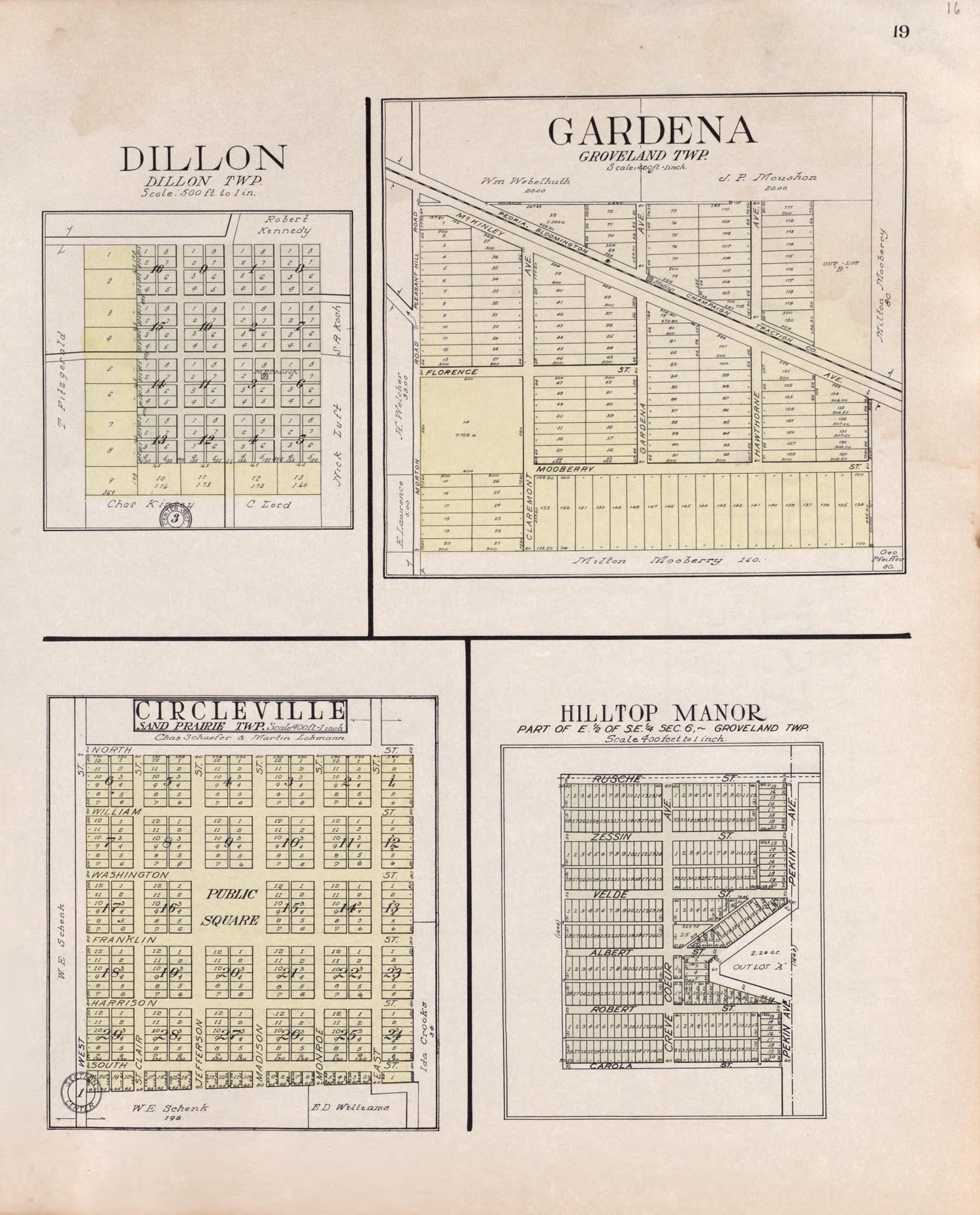Dillon, Circleville, Gardena, Hilltop Manor from Standard Atlas of Tazewell County, Illinois : Including a Plat Book of the Villages, Cities and Townships of the County, Map of the State, United States and World : Patrons Directory, Reference … 1929 by Relic Map Company