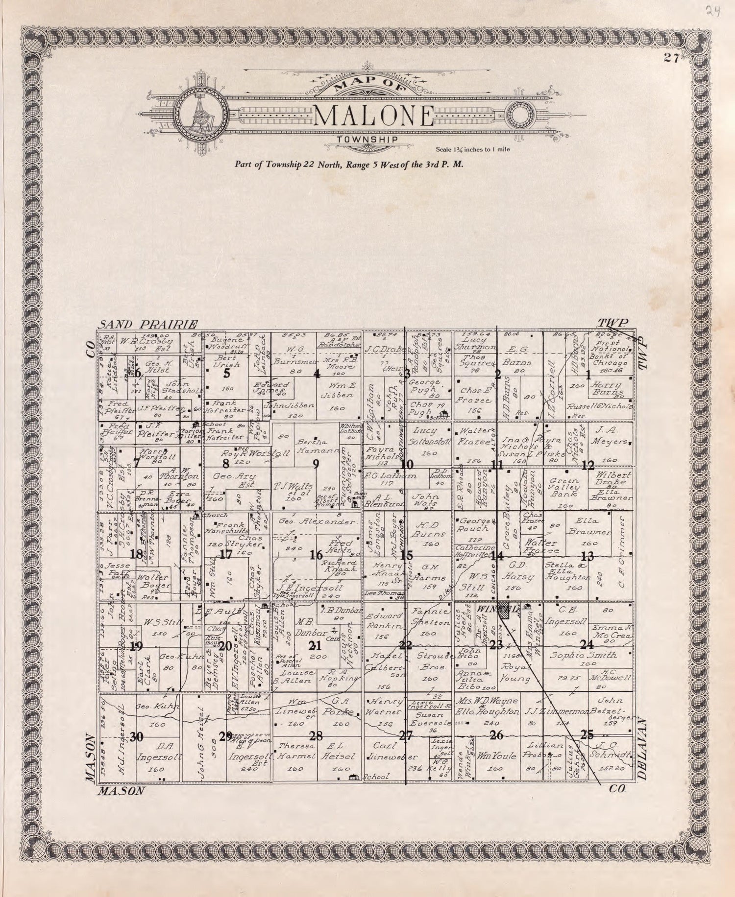 Malone from Standard Atlas of Tazewell County, Illinois : Including a Plat Book of the Villages, Cities and Townships of the County, Map of the State, United States and World : Patrons Directory, Reference … 1929 by Relic Map Company