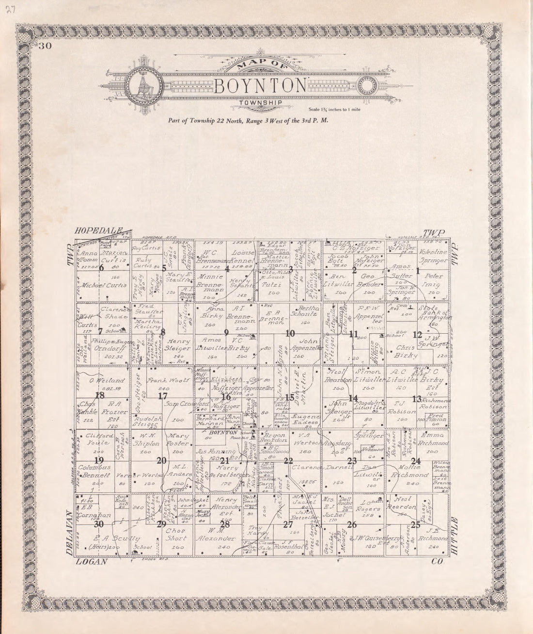 Boynton from Standard Atlas of Tazewell County, Illinois : Including a Plat Book of the Villages, Cities and Townships of the County, Map of the State, United States and World : Patrons Directory, Reference … 1929 by Relic Map Company
