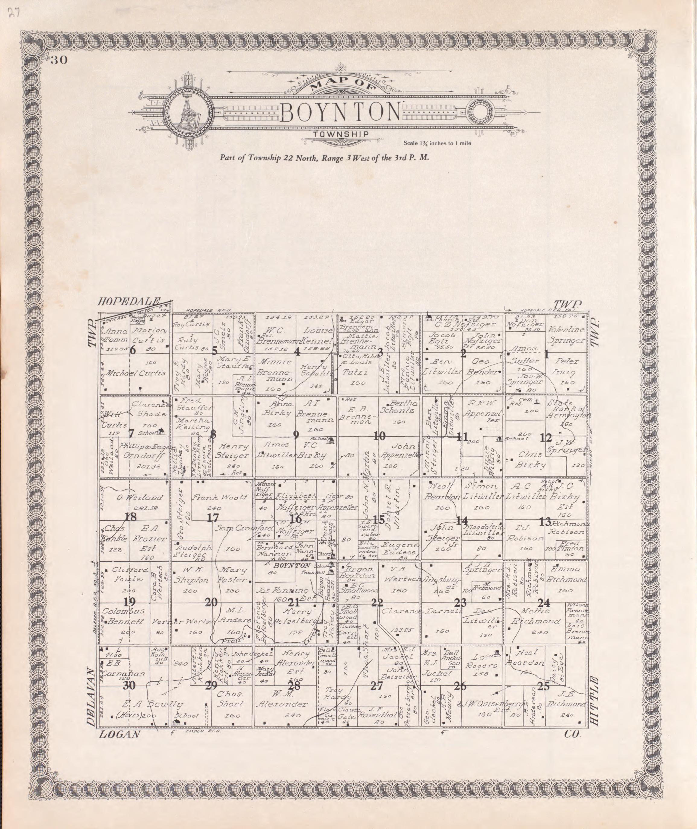 Boynton from Standard Atlas of Tazewell County, Illinois : Including a Plat Book of the Villages, Cities and Townships of the County, Map of the State, United States and World : Patrons Directory, Reference … 1929 by Relic Map Company