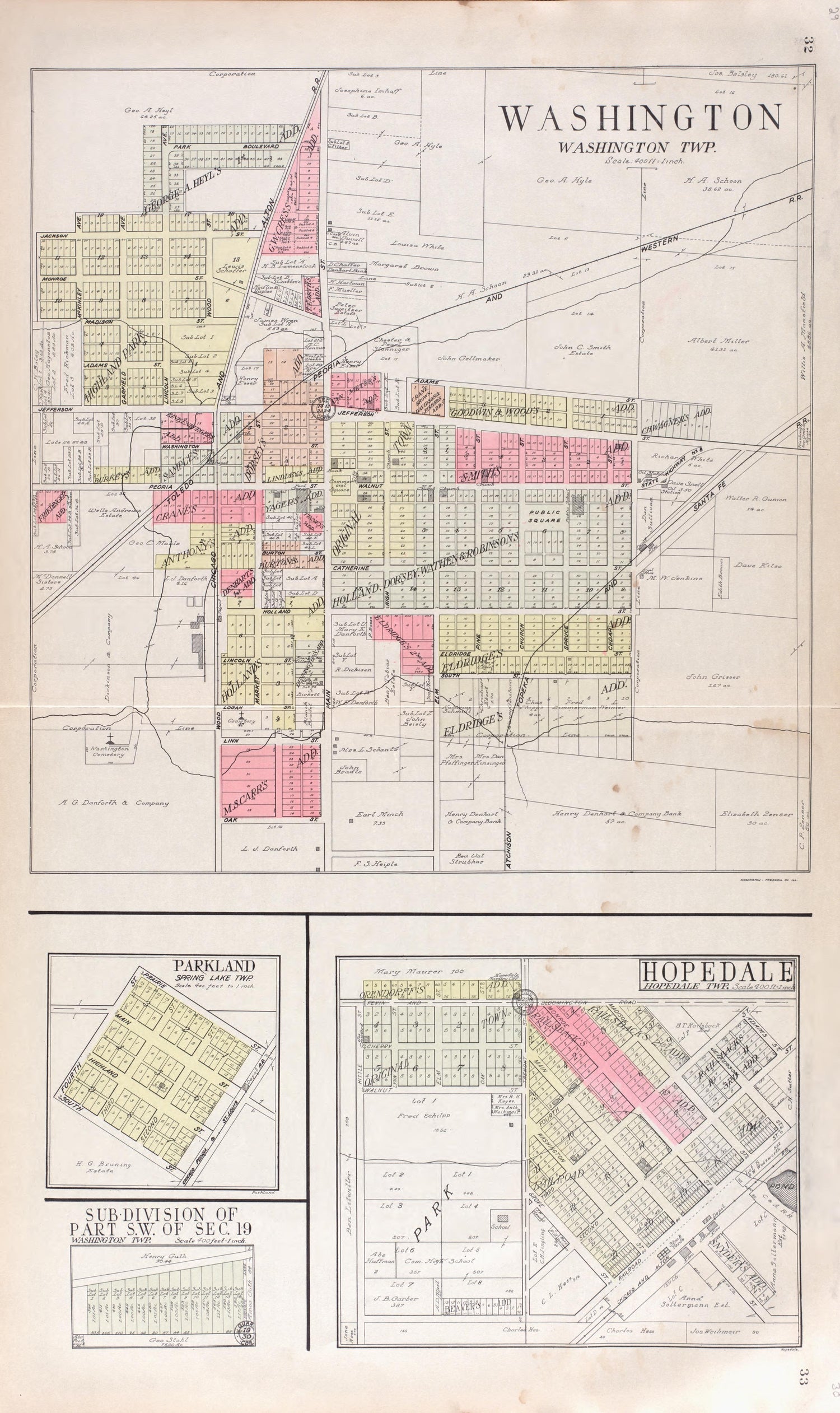 Washington, Parkland, Hopedale from Standard Atlas of Tazewell County, Illinois : Including a Plat Book of the Villages, Cities and Townships of the County, Map of the State, United States and World : Patrons Directory, Reference … 1929 by Relic Map Company