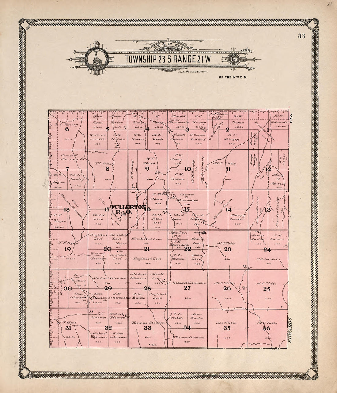 Map of Township 23 S Range 21 W from Standard Atlas of Hodgeman County, Kansas : Including a Plat Book of the Villages, Cities and Townships of the County, Map of the State, United States and World, Patrons Directory, Reference Business … 1907 by Relic Map Company