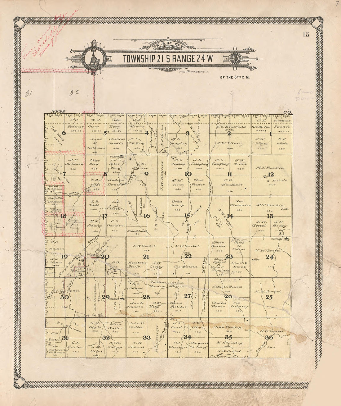 Map of Township 21 S Range 24 W from Standard Atlas of Hodgeman County, Kansas : Including a Plat Book of the Villages, Cities and Townships of the County, Map of the State, United States and World, Patrons Directory, Reference Business … 1907 by Relic Map Company