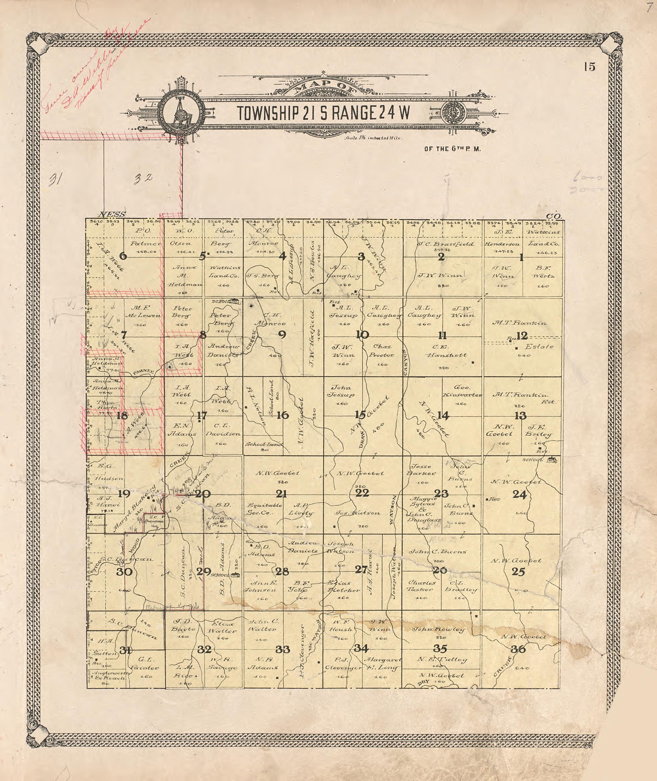 Map of Township 21 S Range 24 W from Standard Atlas of Hodgeman County, Kansas : Including a Plat Book of the Villages, Cities and Townships of the County, Map of the State, United States and World, Patrons Directory, Reference Business … 1907 by Relic Map Company