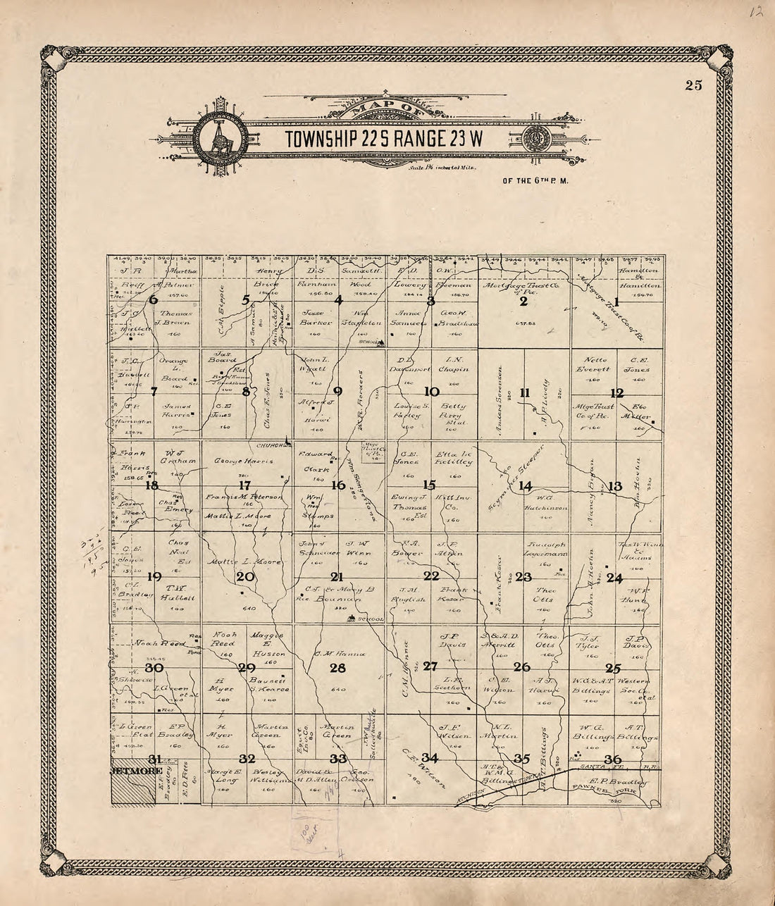 Map of Township 22 S Range 23 W from Standard Atlas of Hodgeman County, Kansas : Including a Plat Book of the Villages, Cities and Townships of the County, Map of the State, United States and World, Patrons Directory, Reference Business … 1907 by Relic Map Company