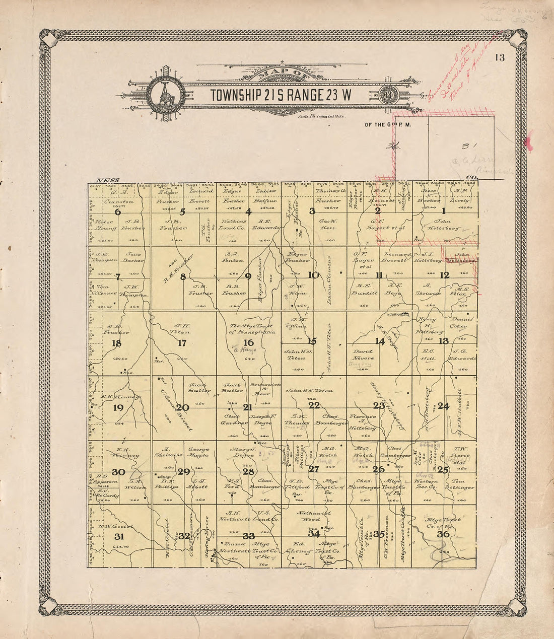 Map of Township 21 S Range 23 W from Standard Atlas of Hodgeman County, Kansas : Including a Plat Book of the Villages, Cities and Townships of the County, Map of the State, United States and World, Patrons Directory, Reference Business … 1907 by Relic Map Company