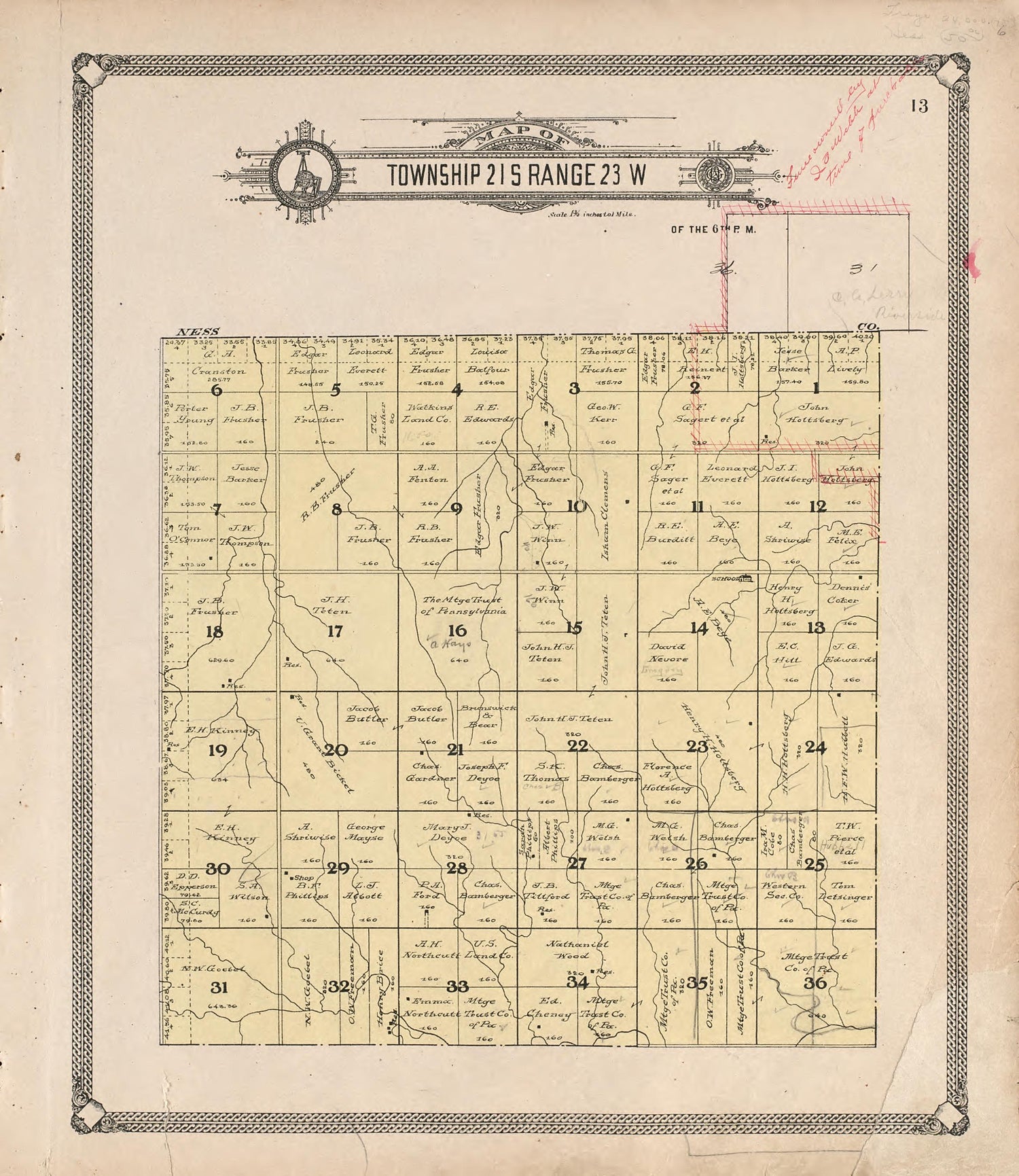 Map of Township 21 S Range 23 W from Standard Atlas of Hodgeman County, Kansas : Including a Plat Book of the Villages, Cities and Townships of the County, Map of the State, United States and World, Patrons Directory, Reference Business … 1907 by Relic Map Company