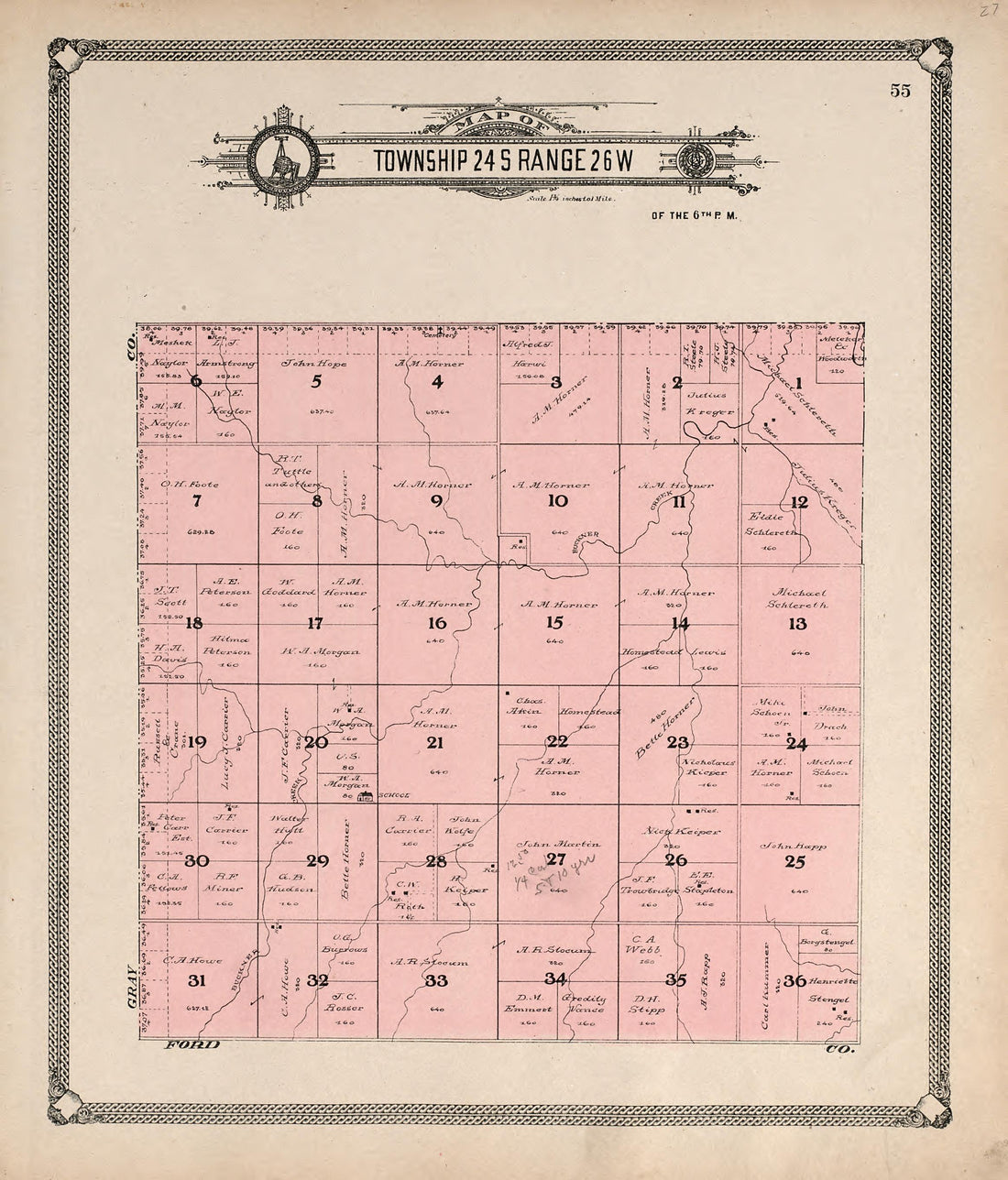 Map of Township 24 S Range 26 W from Standard Atlas of Hodgeman County, Kansas : Including a Plat Book of the Villages, Cities and Townships of the County, Map of the State, United States and World, Patrons Directory, Reference Business … 1907 by Relic Map Company