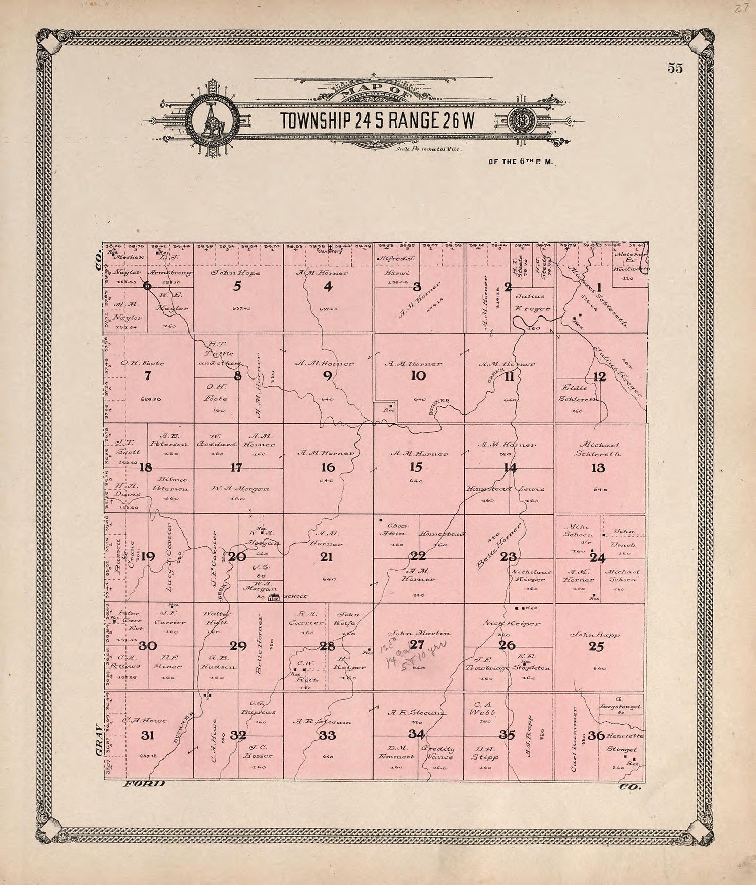 Map of Township 24 S Range 26 W from Standard Atlas of Hodgeman County, Kansas : Including a Plat Book of the Villages, Cities and Townships of the County, Map of the State, United States and World, Patrons Directory, Reference Business … 1907 by Relic Map Company