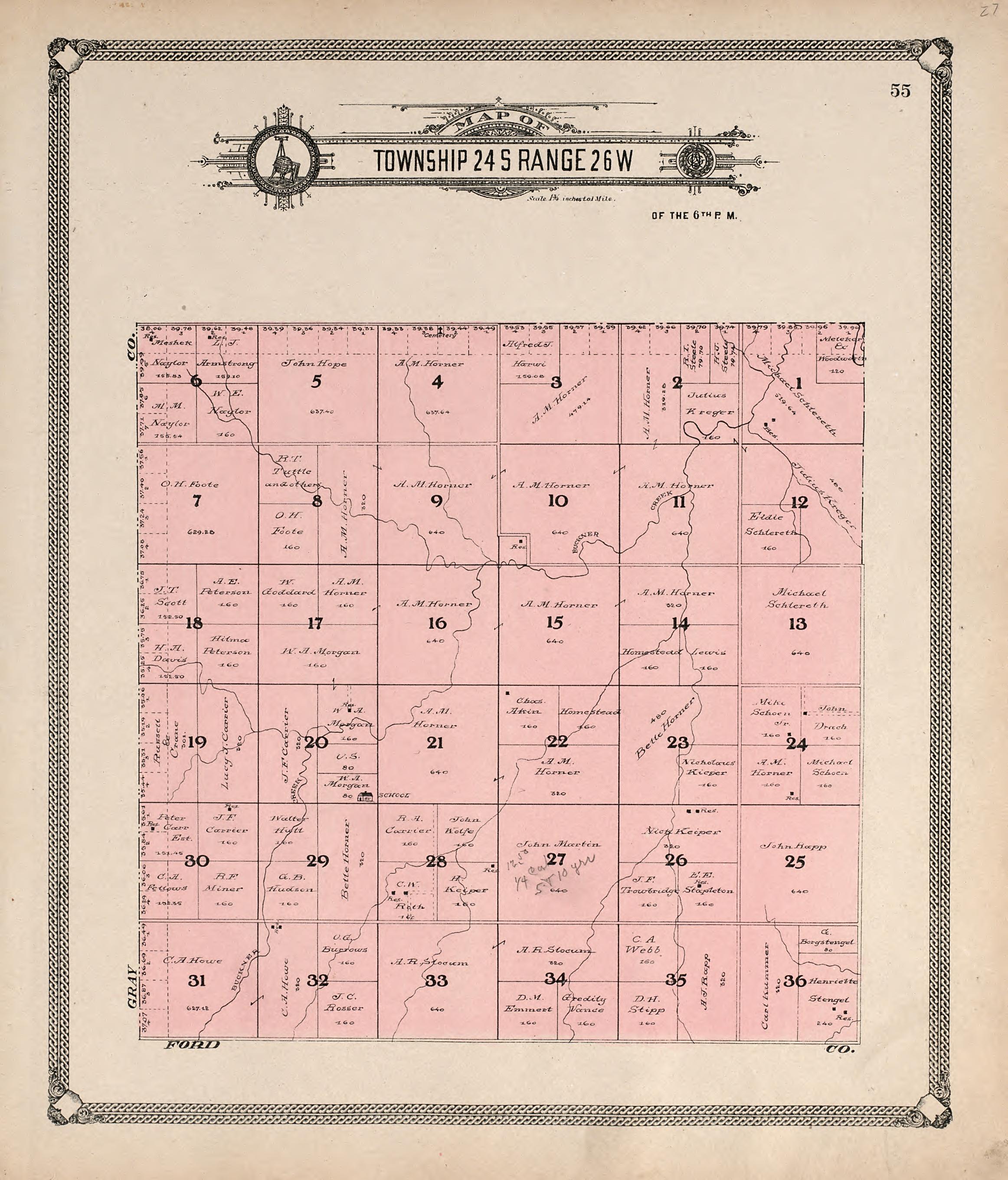 Map of Township 24 S Range 26 W from Standard Atlas of Hodgeman County, Kansas : Including a Plat Book of the Villages, Cities and Townships of the County, Map of the State, United States and World, Patrons Directory, Reference Business … 1907 by Relic Map Company